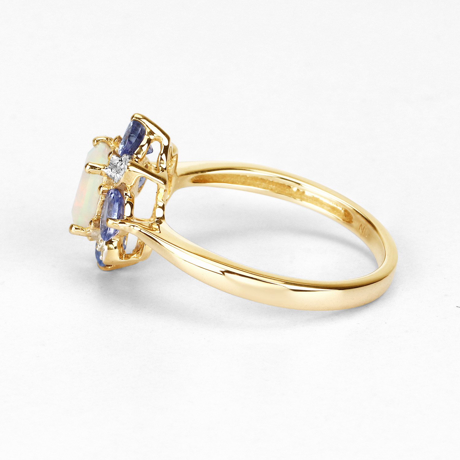 1.20 Carat Genuine Ethiopian Opal, Tanzanite and White Diamond 10K Yellow Gold Ring