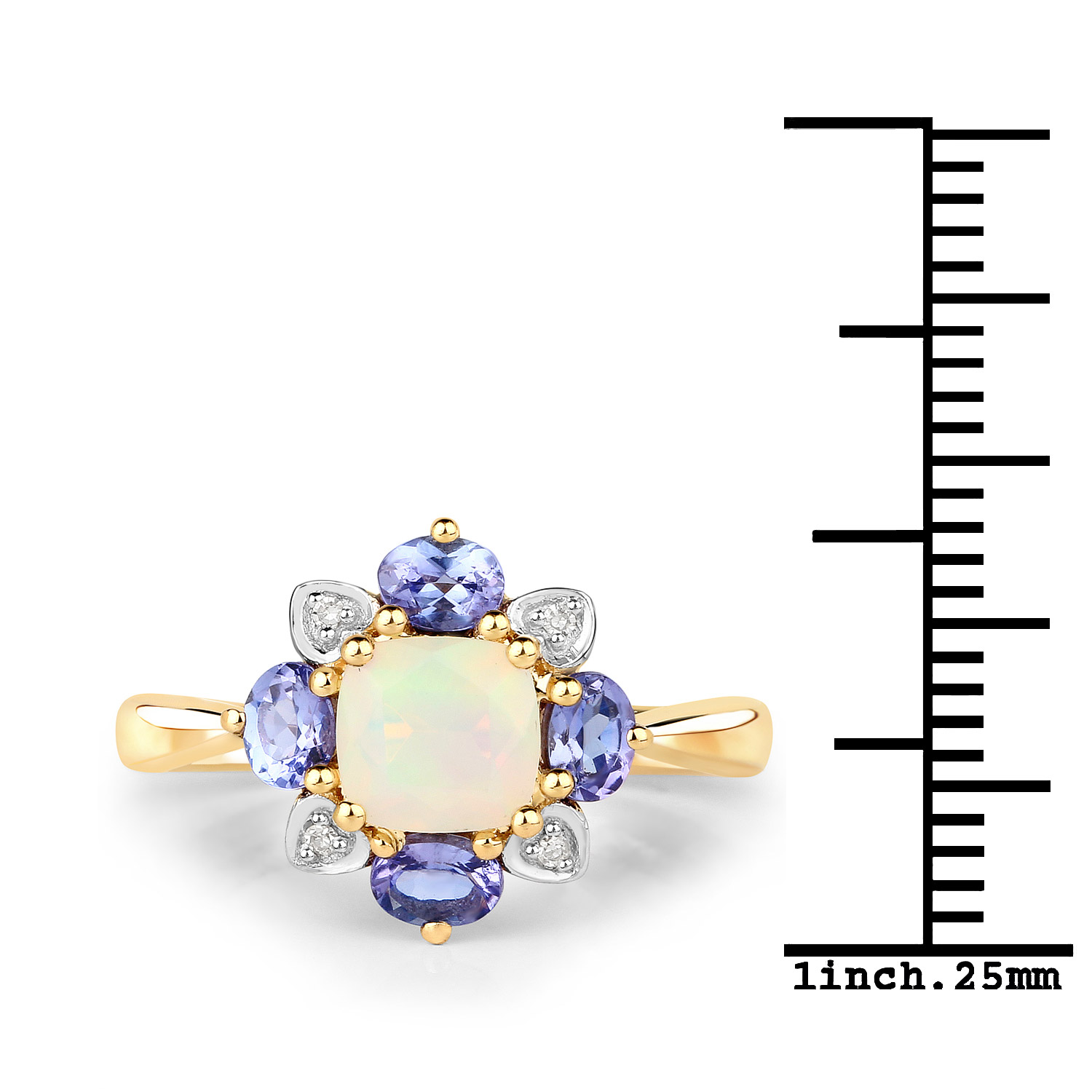 1.20 Carat Genuine Ethiopian Opal, Tanzanite and White Diamond 10K Yellow Gold Ring