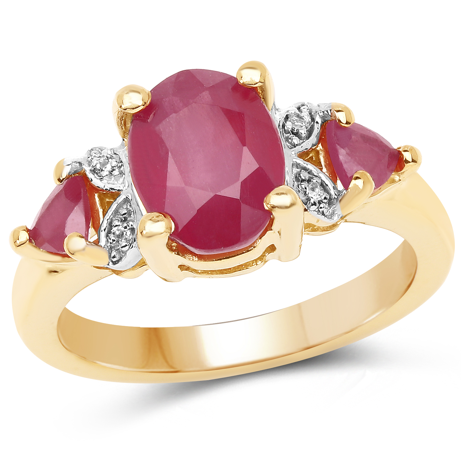 14K Yellow Gold Plated 3.00 Carat Glass Filled Ruby and White Topaz .925 Sterling Silver Ring