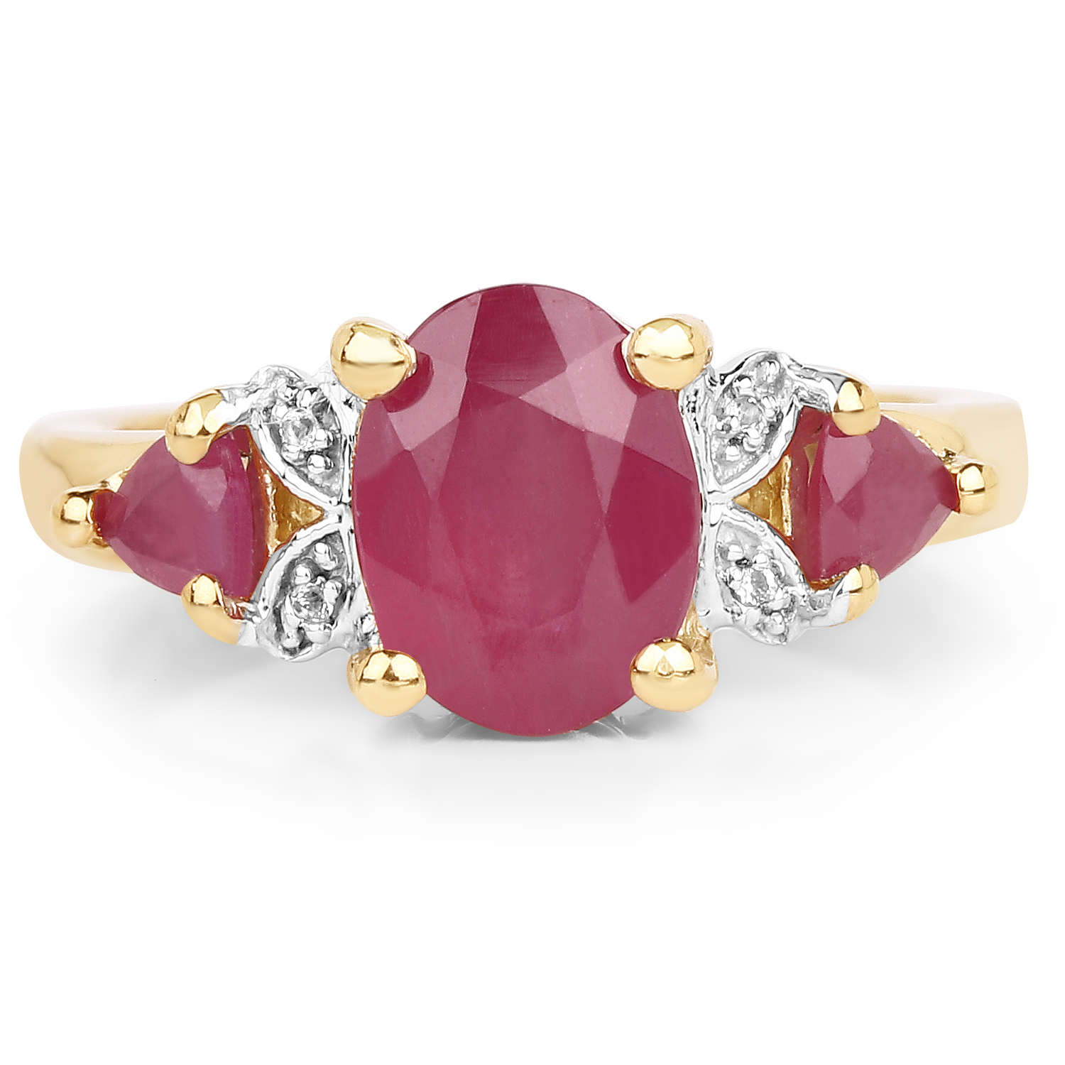 14K Yellow Gold Plated 3.00 Carat Glass Filled Ruby and White Topaz .925 Sterling Silver Ring