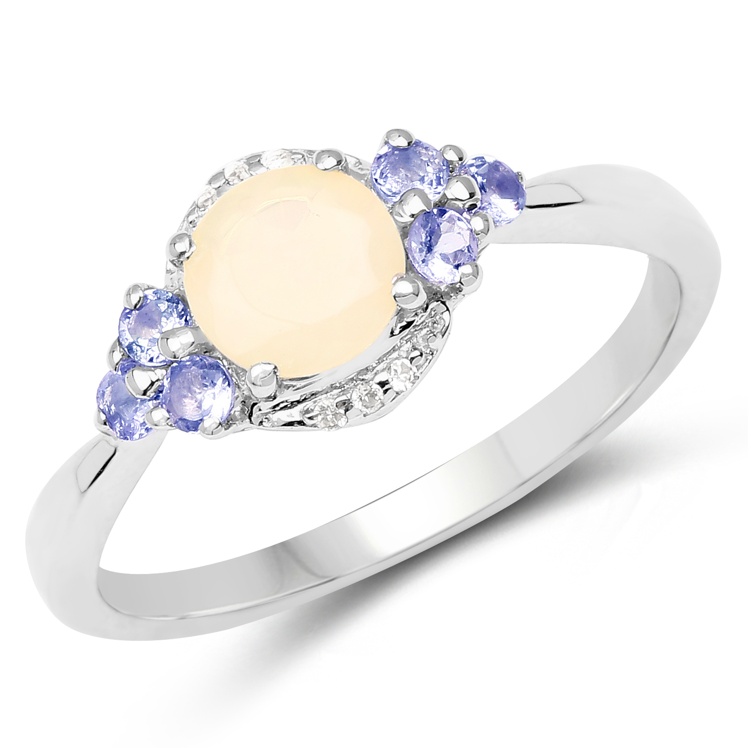 0.74 Carat Genuine Ethiopian Opal, Tanzanite & White Topaz .925 Sterling Silver Ring