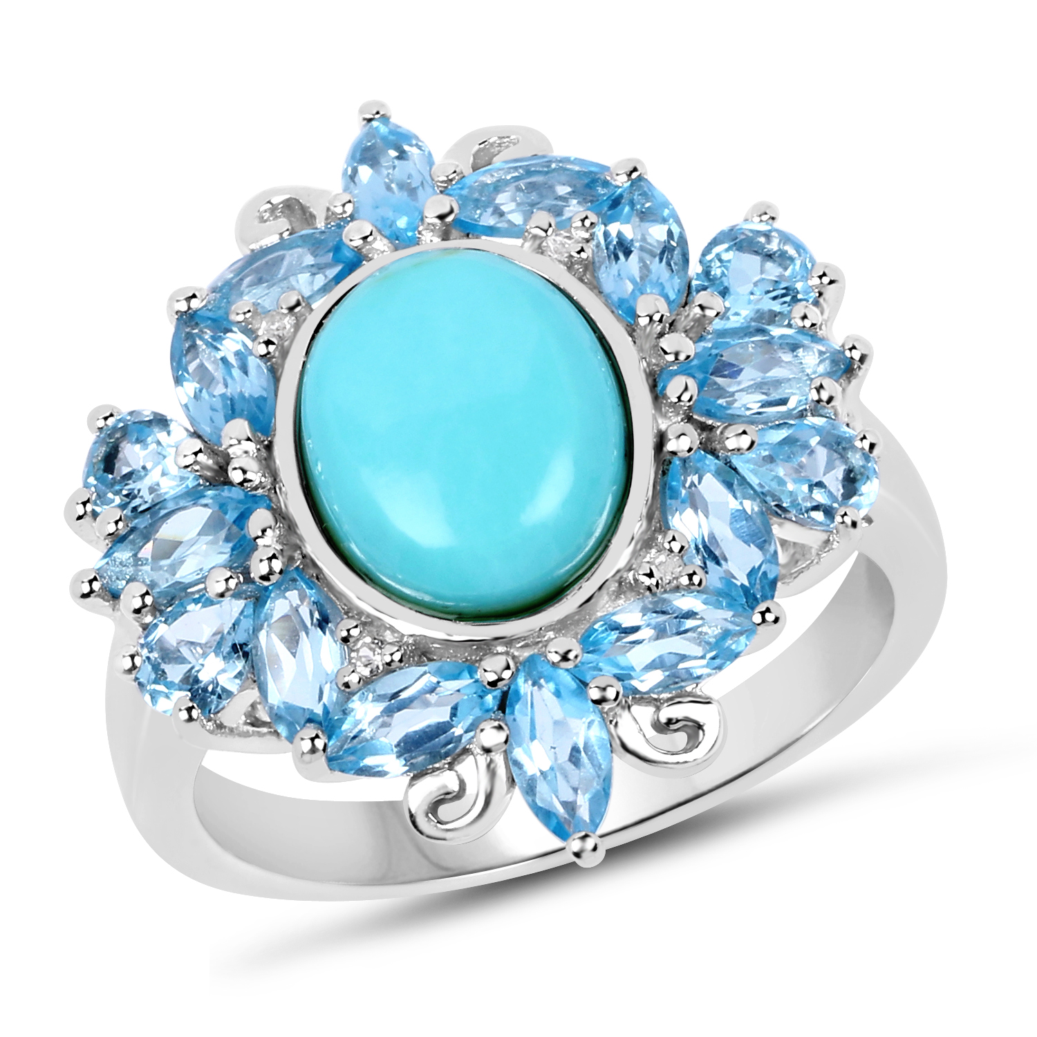 4.98 Carat Genuine Turquoise, Swiss Blue Topaz and White Topaz .925 Sterling Silver Ring
