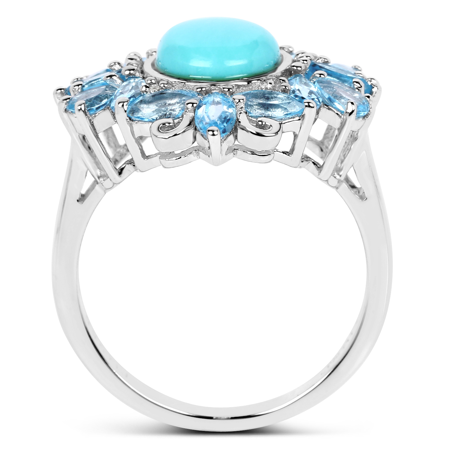 4.98 Carat Genuine Turquoise, Swiss Blue Topaz and White Topaz .925 Sterling Silver Ring