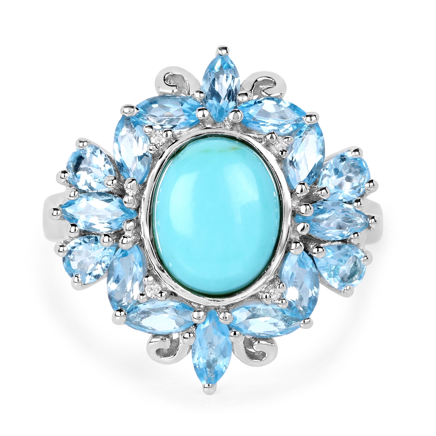 4.98 Carat Genuine Turquoise, Swiss Blue Topaz and White Topaz .925 Sterling Silver Ring