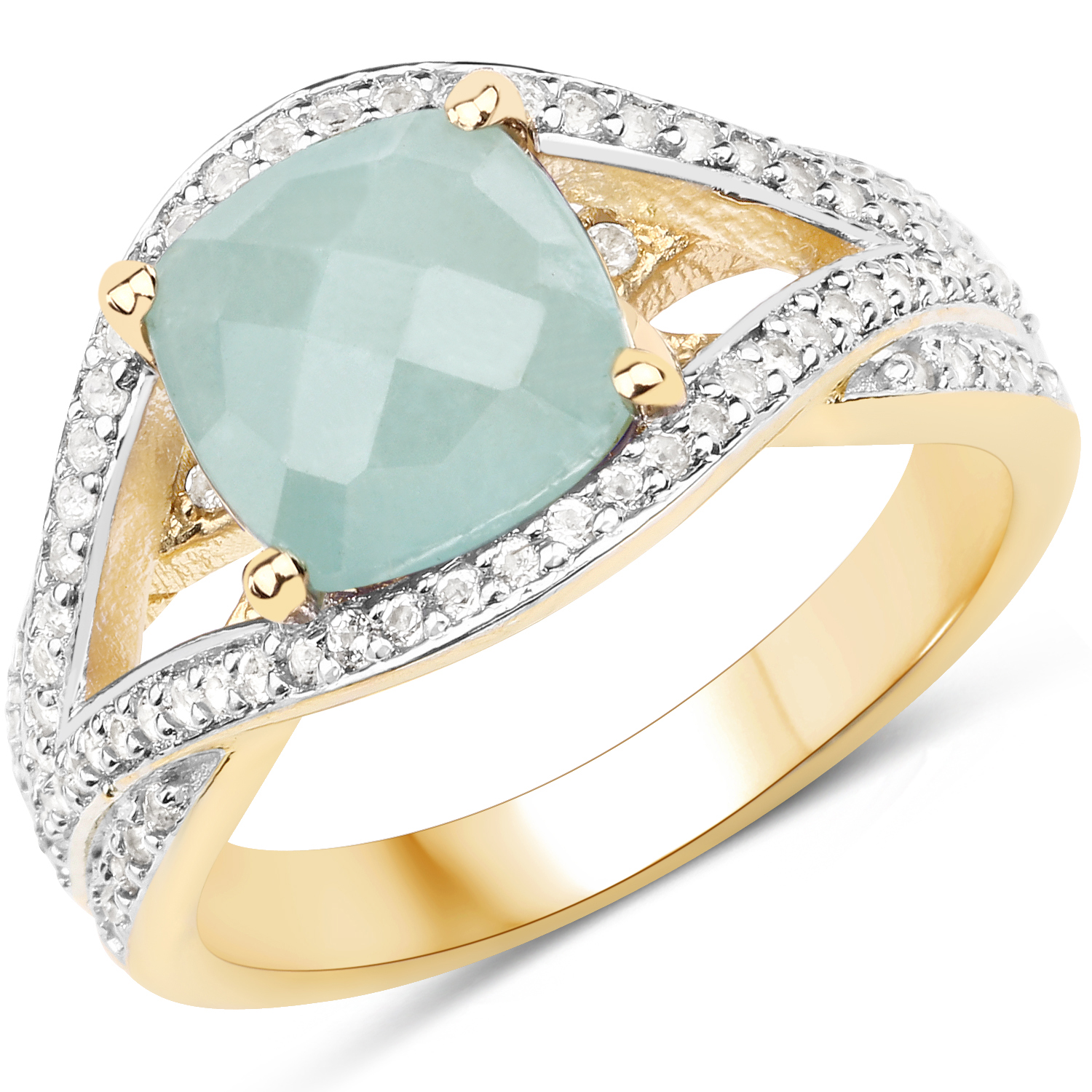 14K Yellow Gold Plated 2.40 Carat Genuine Aquamarine and White Topaz .925 Sterling Silver Ring