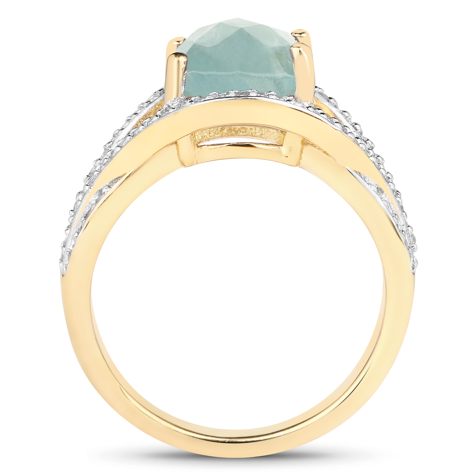 14K Yellow Gold Plated 2.40 Carat Genuine Aquamarine and White Topaz .925 Sterling Silver Ring