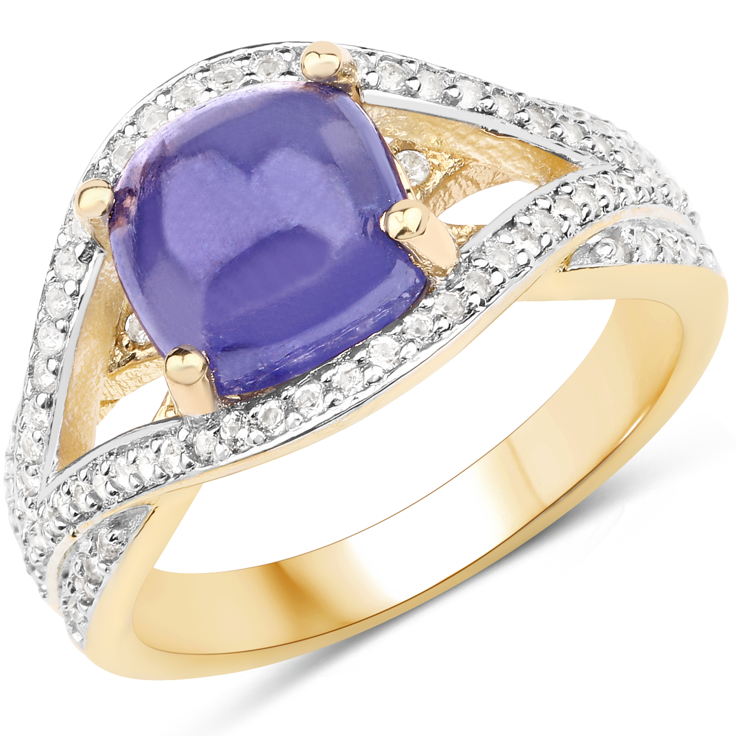 14K Yellow Gold Plated 3.20 Carat Genuine Tanzanite and White Topaz .925 Sterling Silver Ring