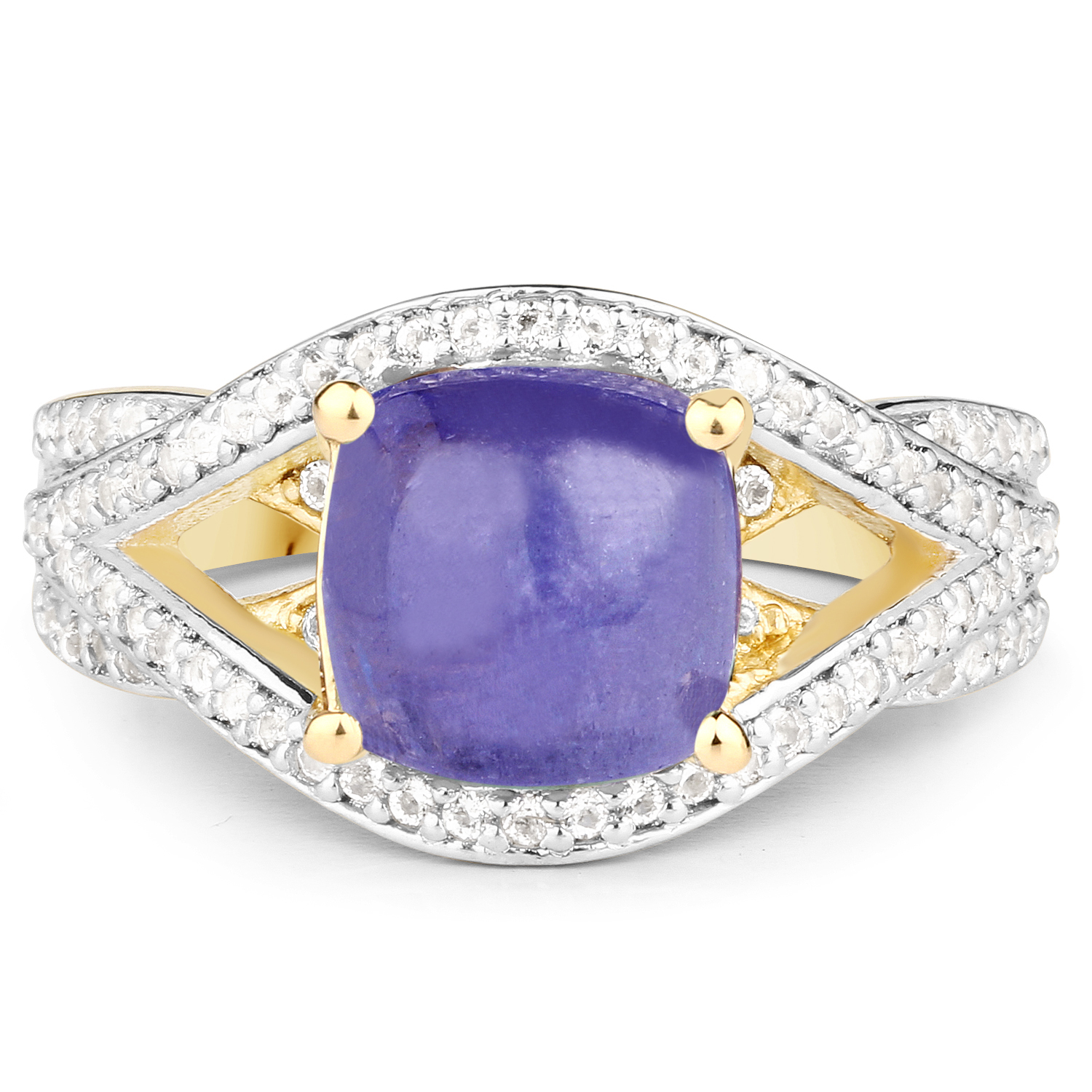 14K Yellow Gold Plated 3.20 Carat Genuine Tanzanite and White Topaz .925 Sterling Silver Ring