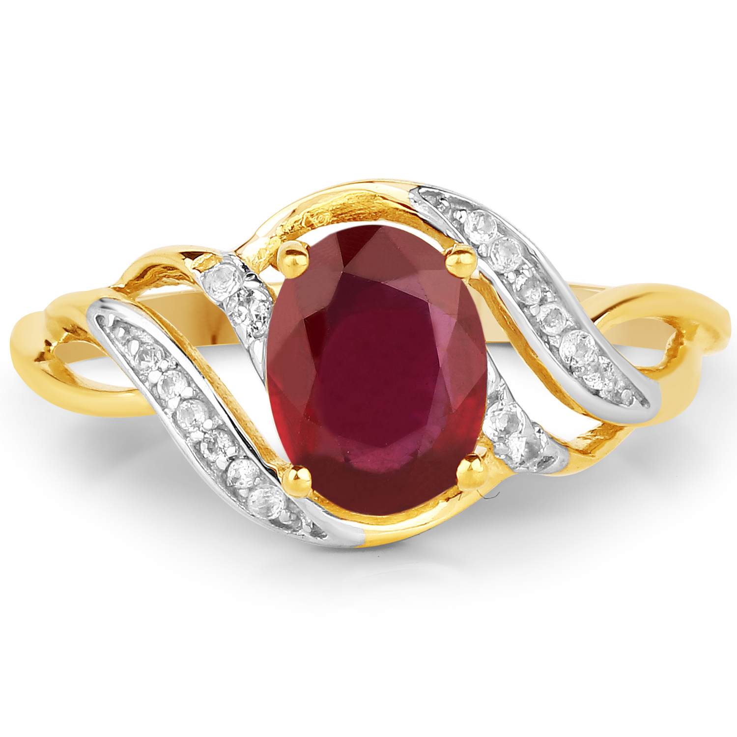 14K Yellow Gold Plated 1.72 Carat Glass Filled Ruby and White Topaz .925 Sterling Silver Ring