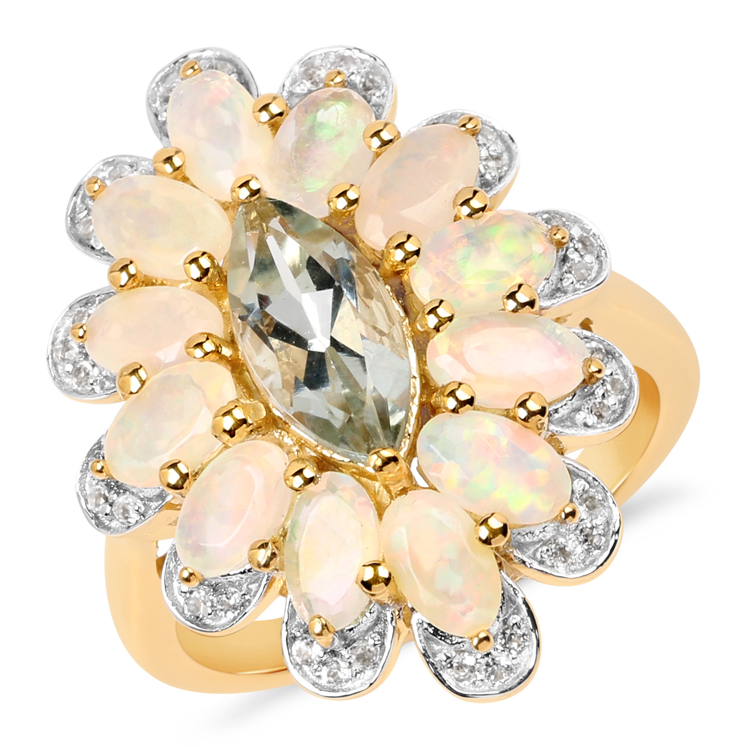 14K Yellow Gold Plated 2.98 Carat Genuine Green Amethyst, Ethiopian Opal & White Topaz .925 Sterling Silver Ring