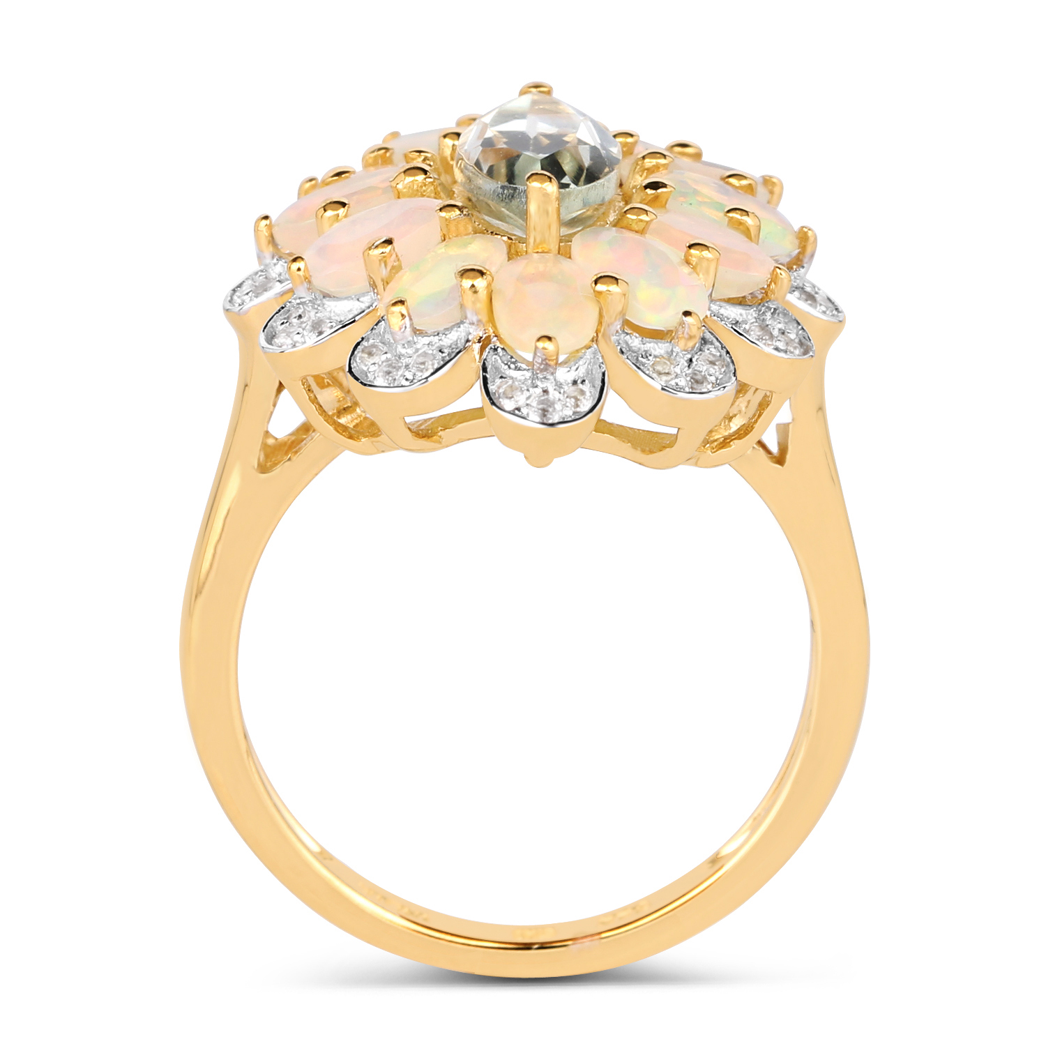 14K Yellow Gold Plated 2.98 Carat Genuine Green Amethyst, Ethiopian Opal & White Topaz .925 Sterling Silver Ring