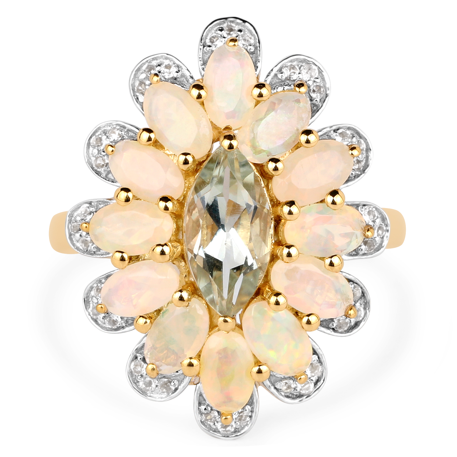 14K Yellow Gold Plated 2.98 Carat Genuine Green Amethyst, Ethiopian Opal & White Topaz .925 Sterling Silver Ring