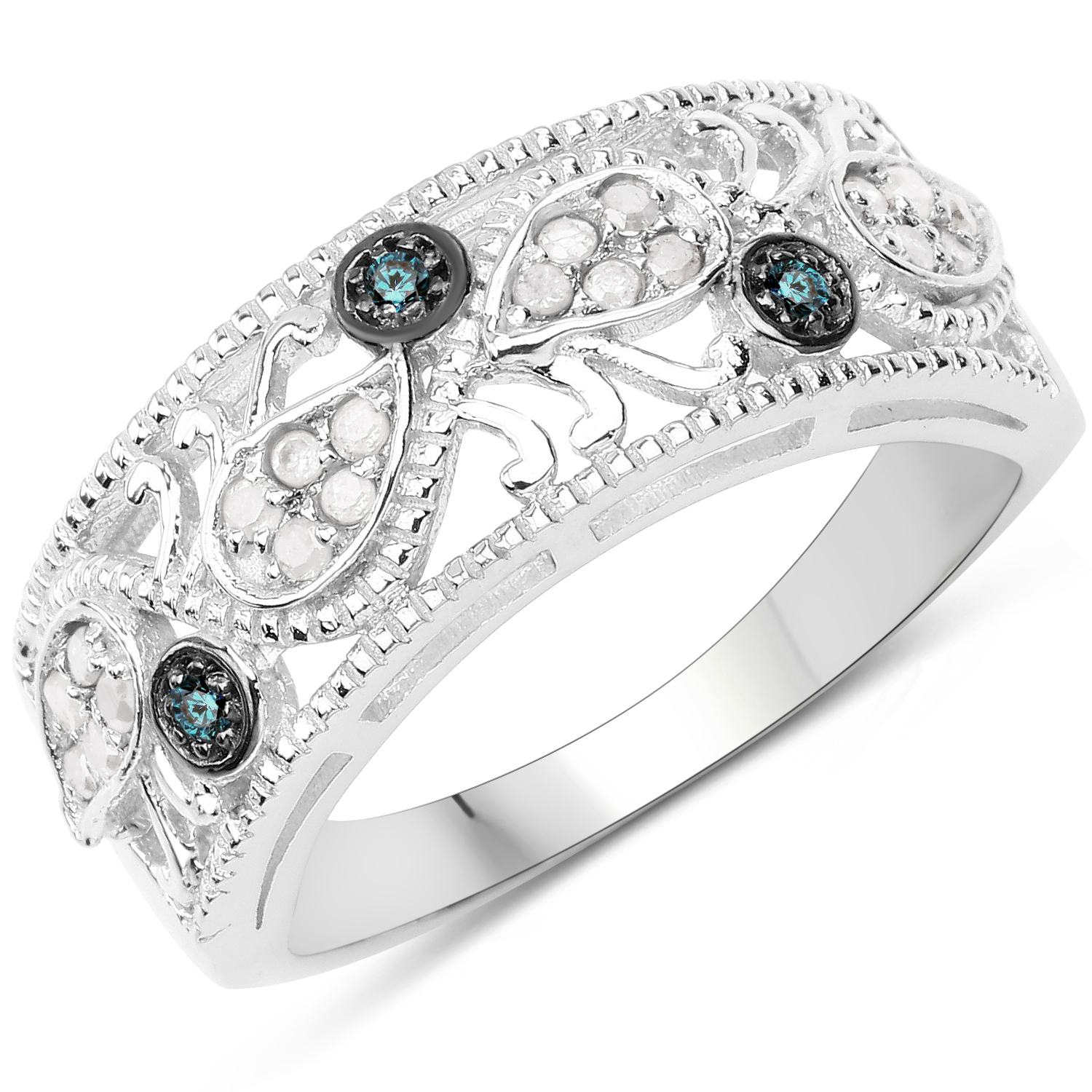 0.21 Carat Genuine Blue Diamond & White Diamond .925 Sterling Silver Ring