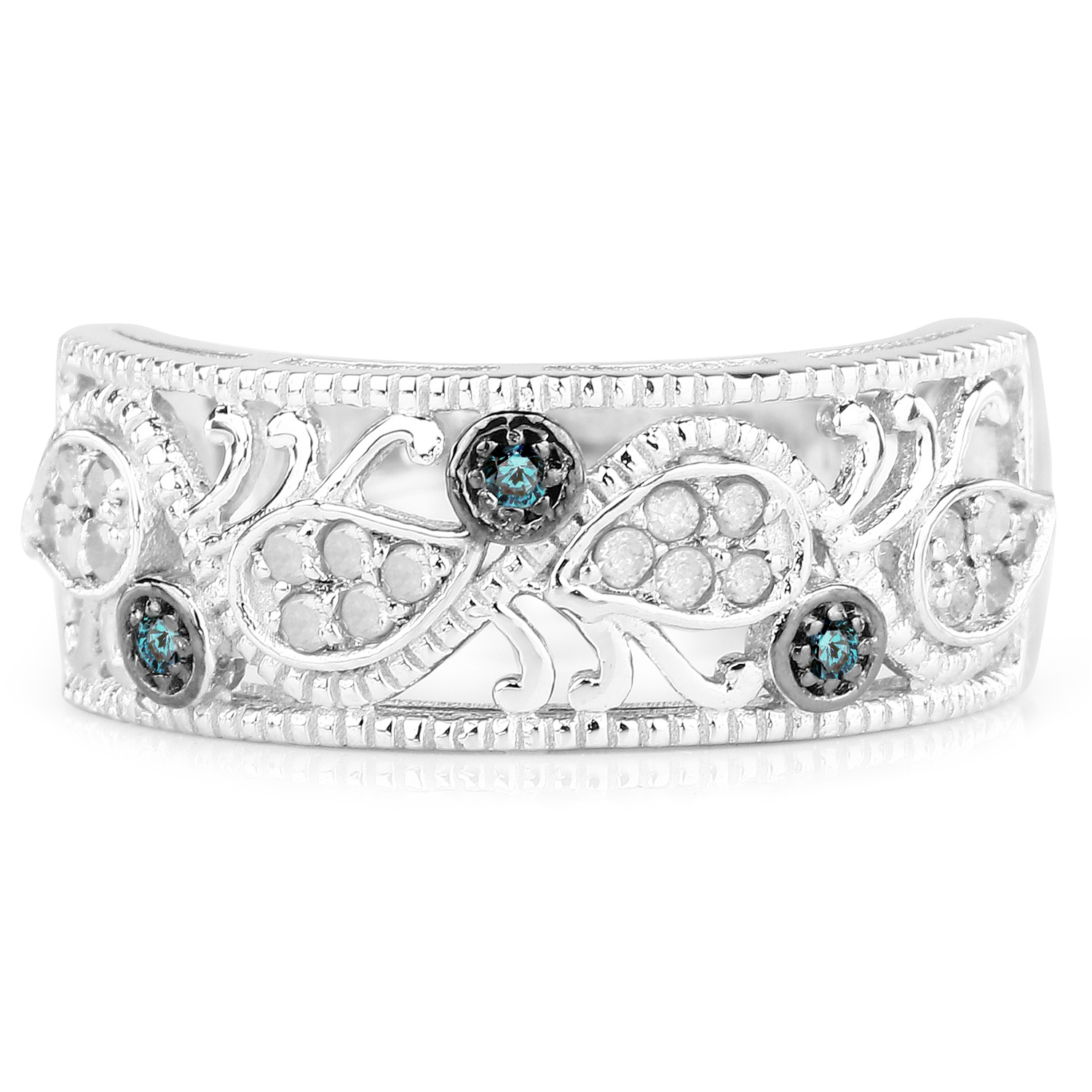 0.21 Carat Genuine Blue Diamond & White Diamond .925 Sterling Silver Ring