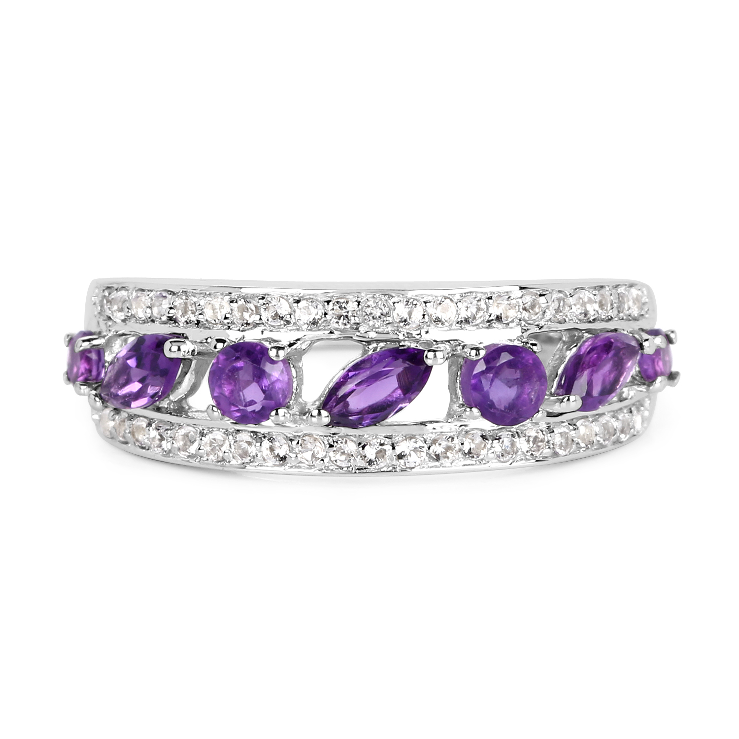 1.17 Carat Genuine Amethyst & White Topaz .925 Sterling Silver Ring