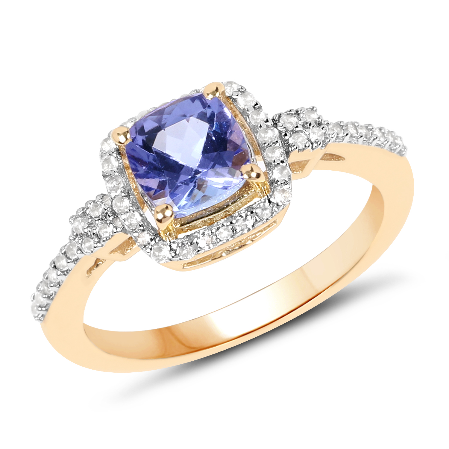 14K Yellow Gold Plated 1.17 Carat Genuine Tanzanite and White Topaz .925 Sterling Silver Ring
