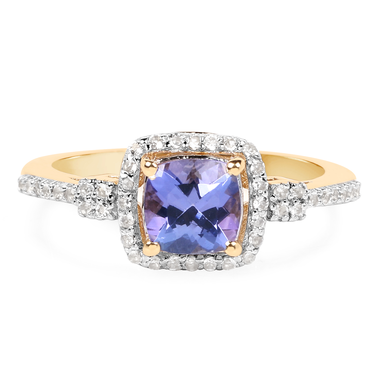 14K Yellow Gold Plated 1.17 Carat Genuine Tanzanite and White Topaz .925 Sterling Silver Ring