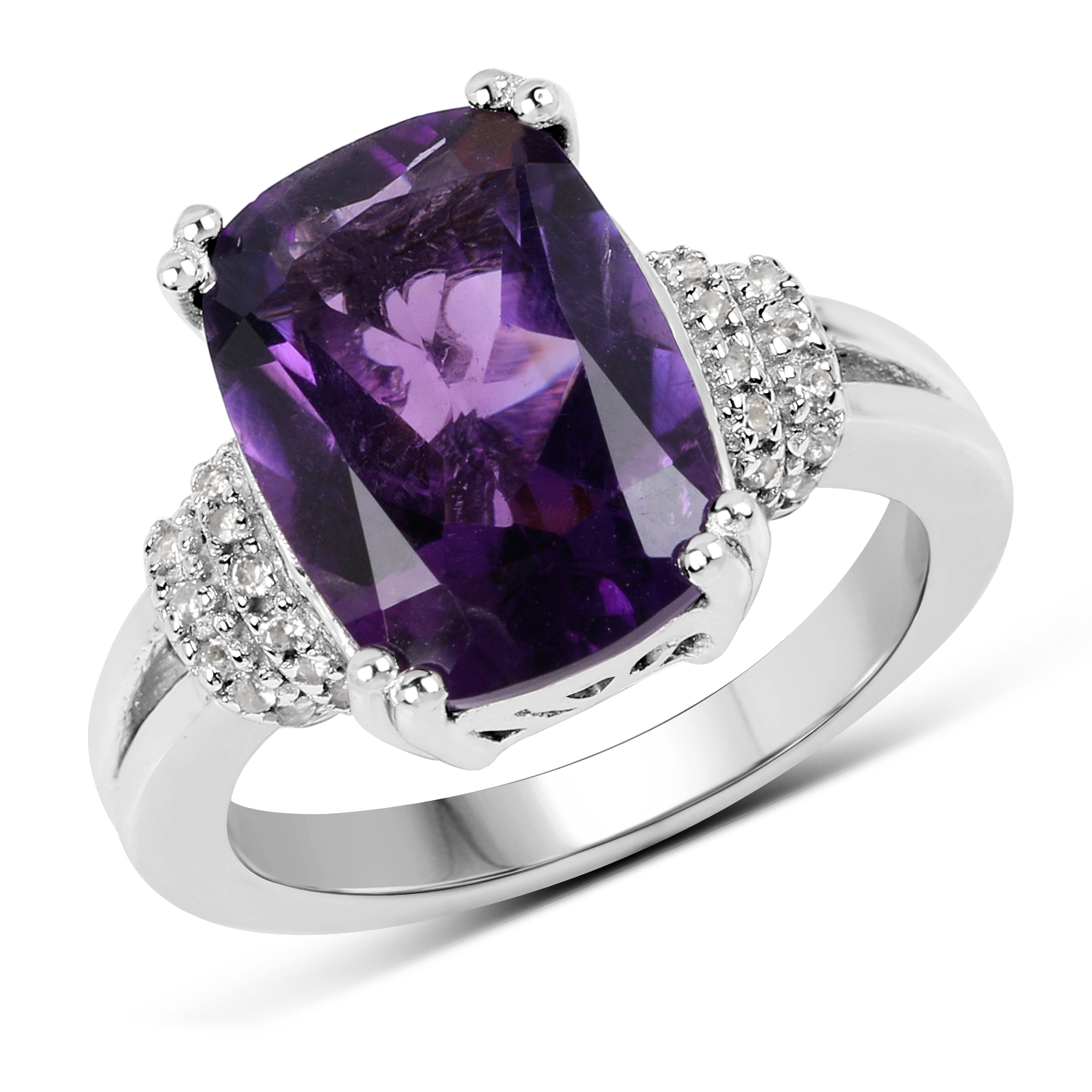 4.95 Carat Genuine Amethyst and White Topaz .925 Sterling Silver Ring