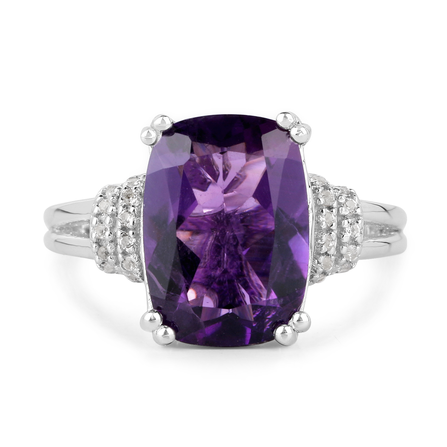 4.95 Carat Genuine Amethyst and White Topaz .925 Sterling Silver Ring