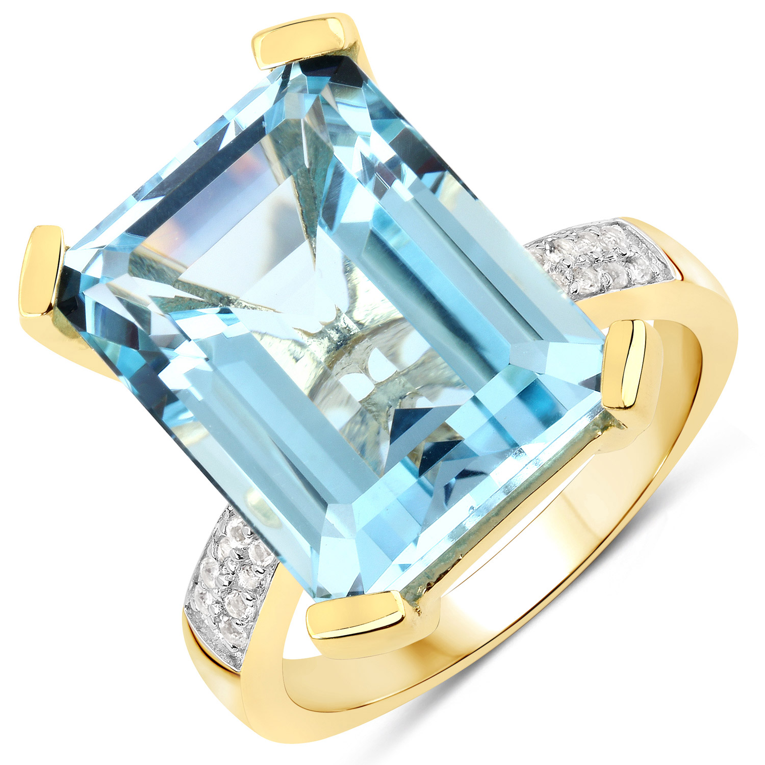 18K Yellow Gold Plated 14.38 Carat Genuine Blue Topaz and White Topaz .925 Sterling Silver Ring