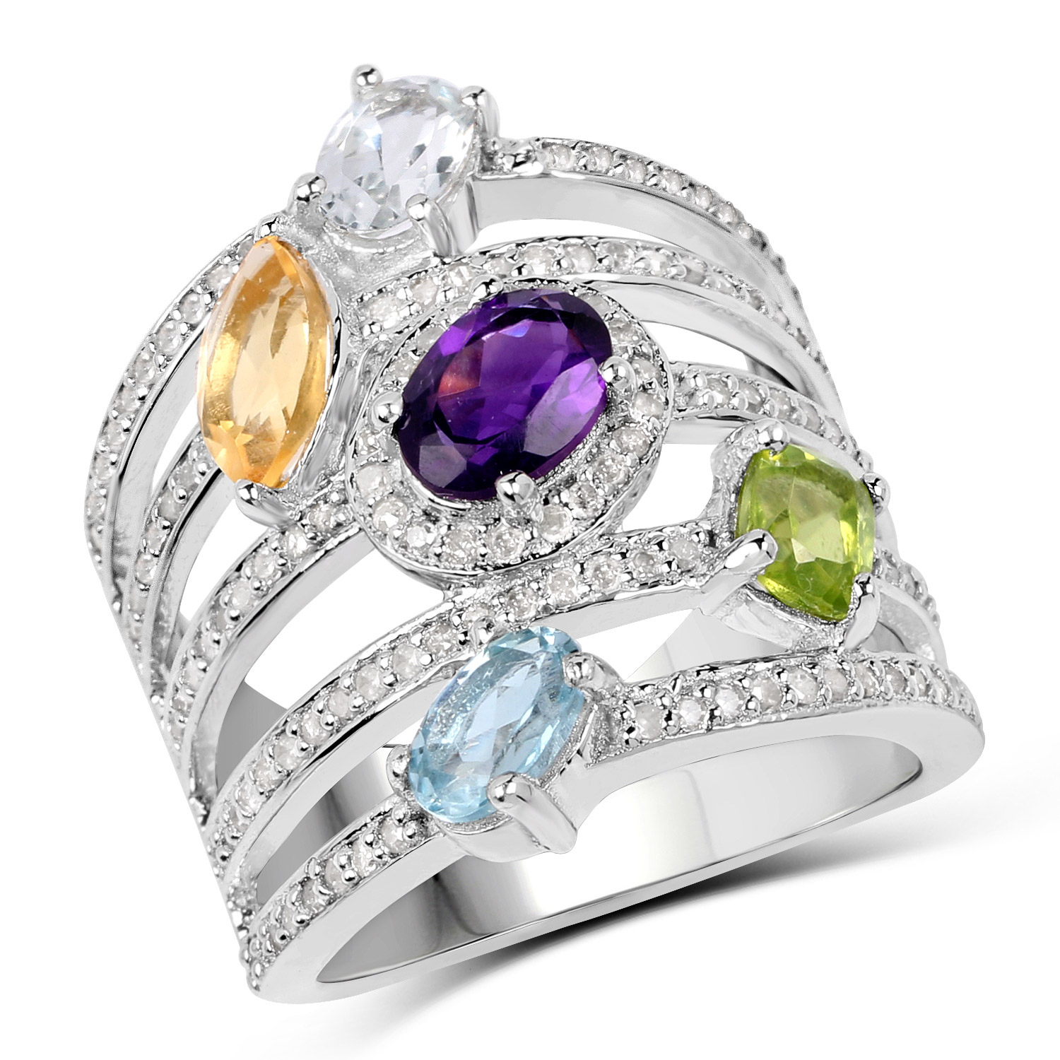 3.66 Carat Genuine Multi Stones .925 Sterling Silver Ring