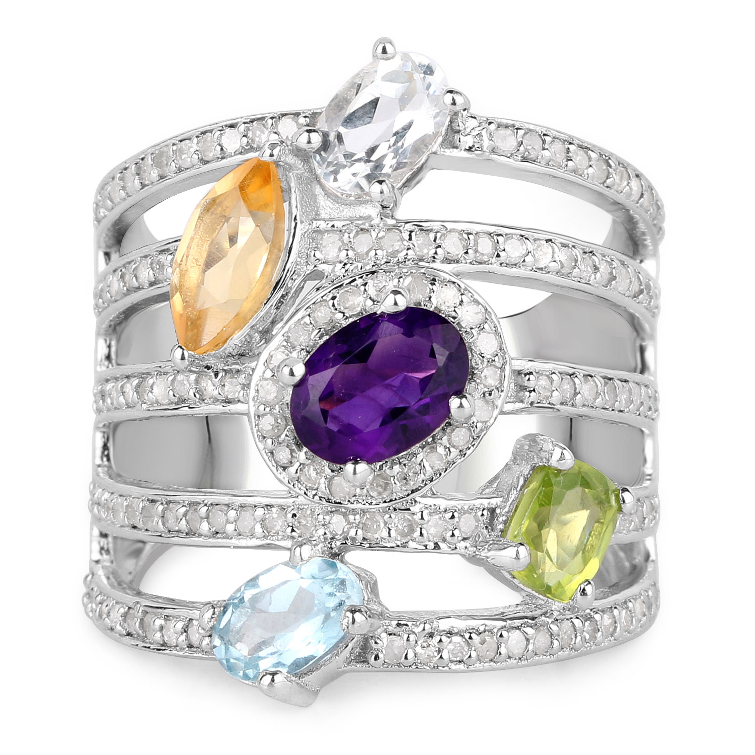 3.66 Carat Genuine Multi Stones .925 Sterling Silver Ring