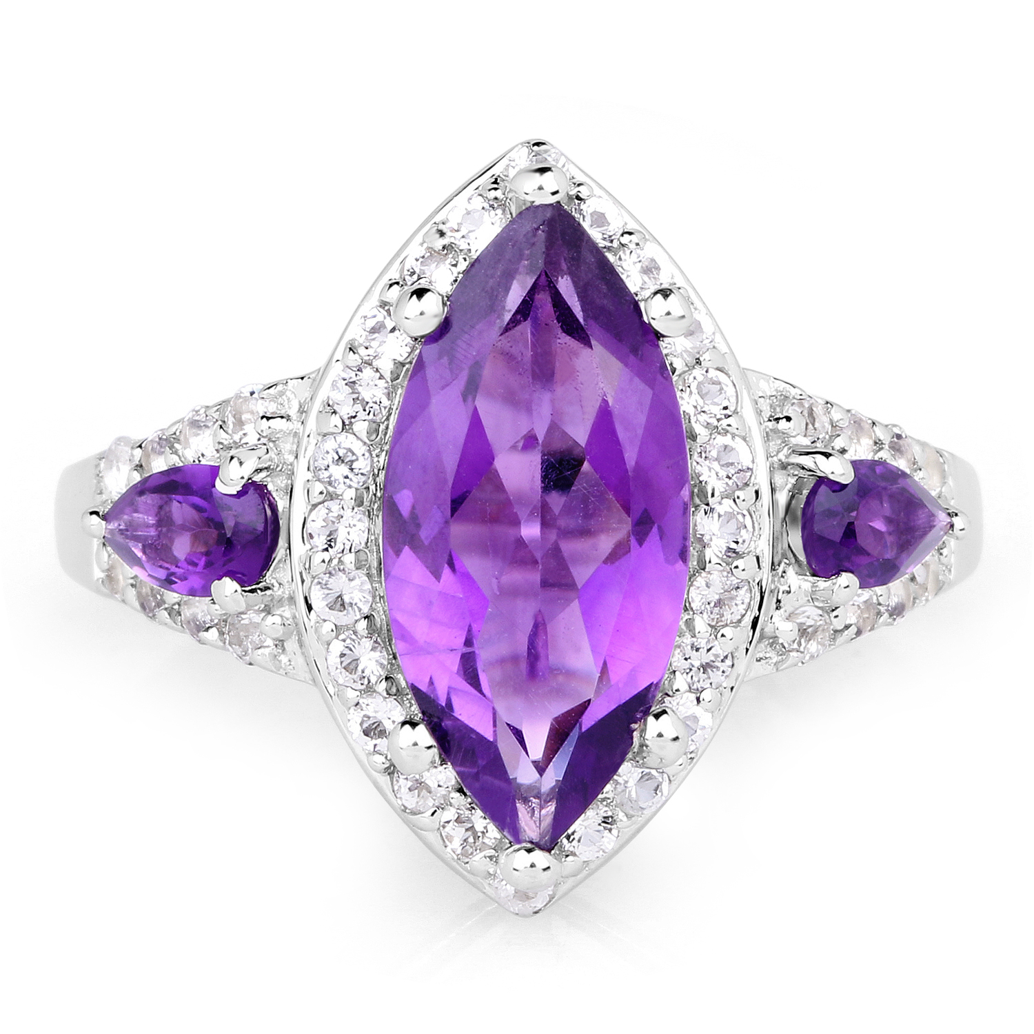 3.85 Carat Genuine Amethyst and White Topaz .925 Sterling Silver Ring