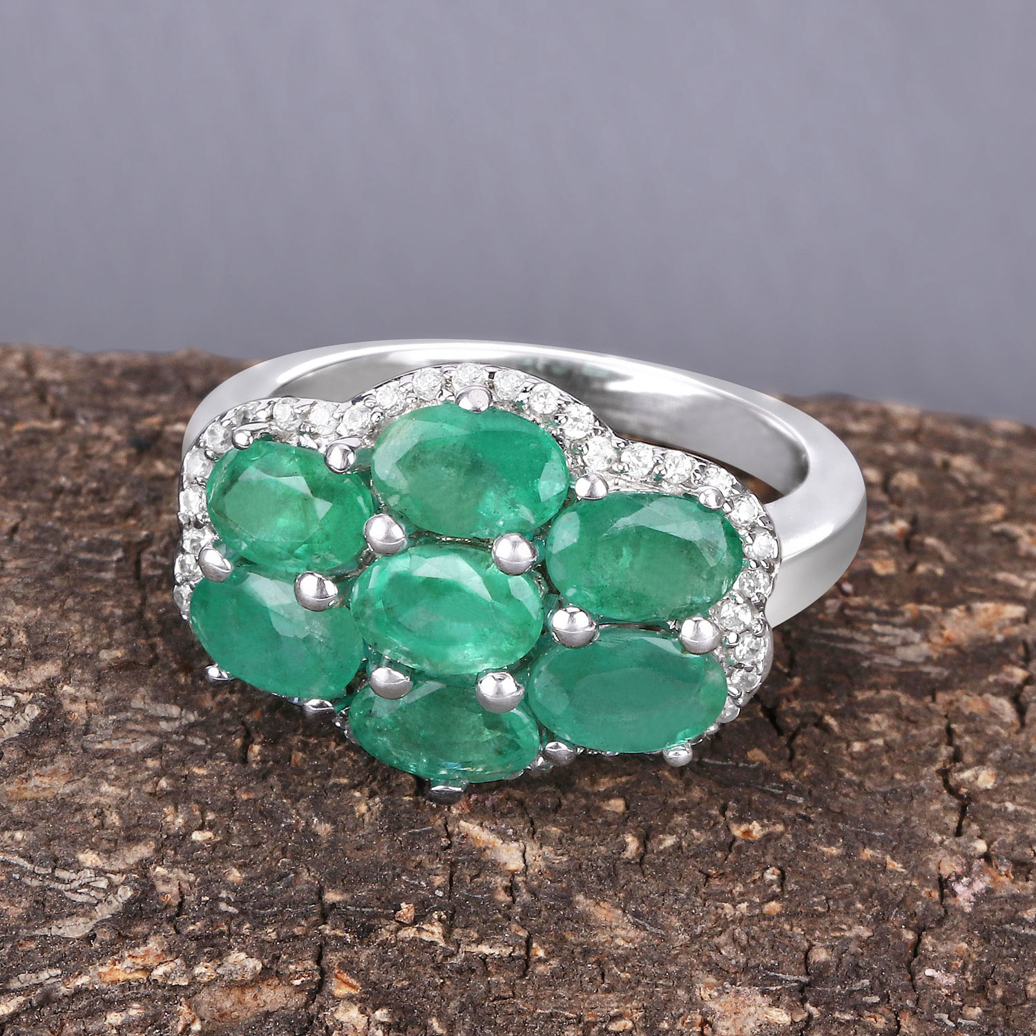 3.33 Carat Genuine Zambian Emerald and White Zircon .925 Sterling Silver Ring