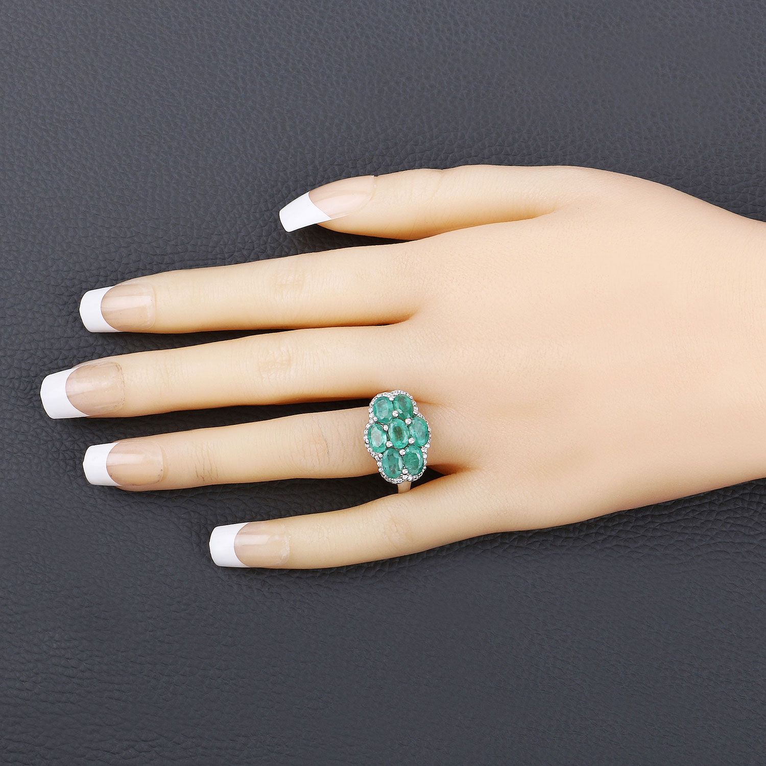 3.33 Carat Genuine Zambian Emerald and White Zircon .925 Sterling Silver Ring