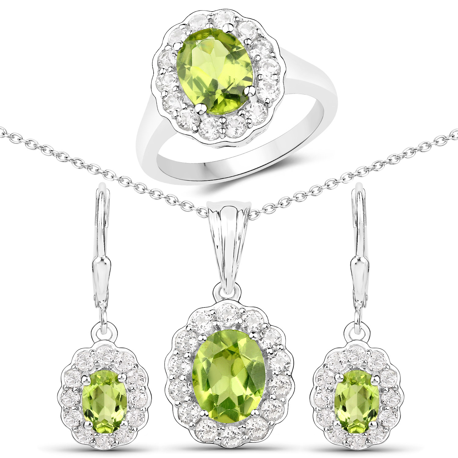 7.70 Carat Genuine Peridot and White Topaz .925 Sterling Silver 3 Piece Jewelry Set (Ring, Earrings, and Pendant w/ Chain)