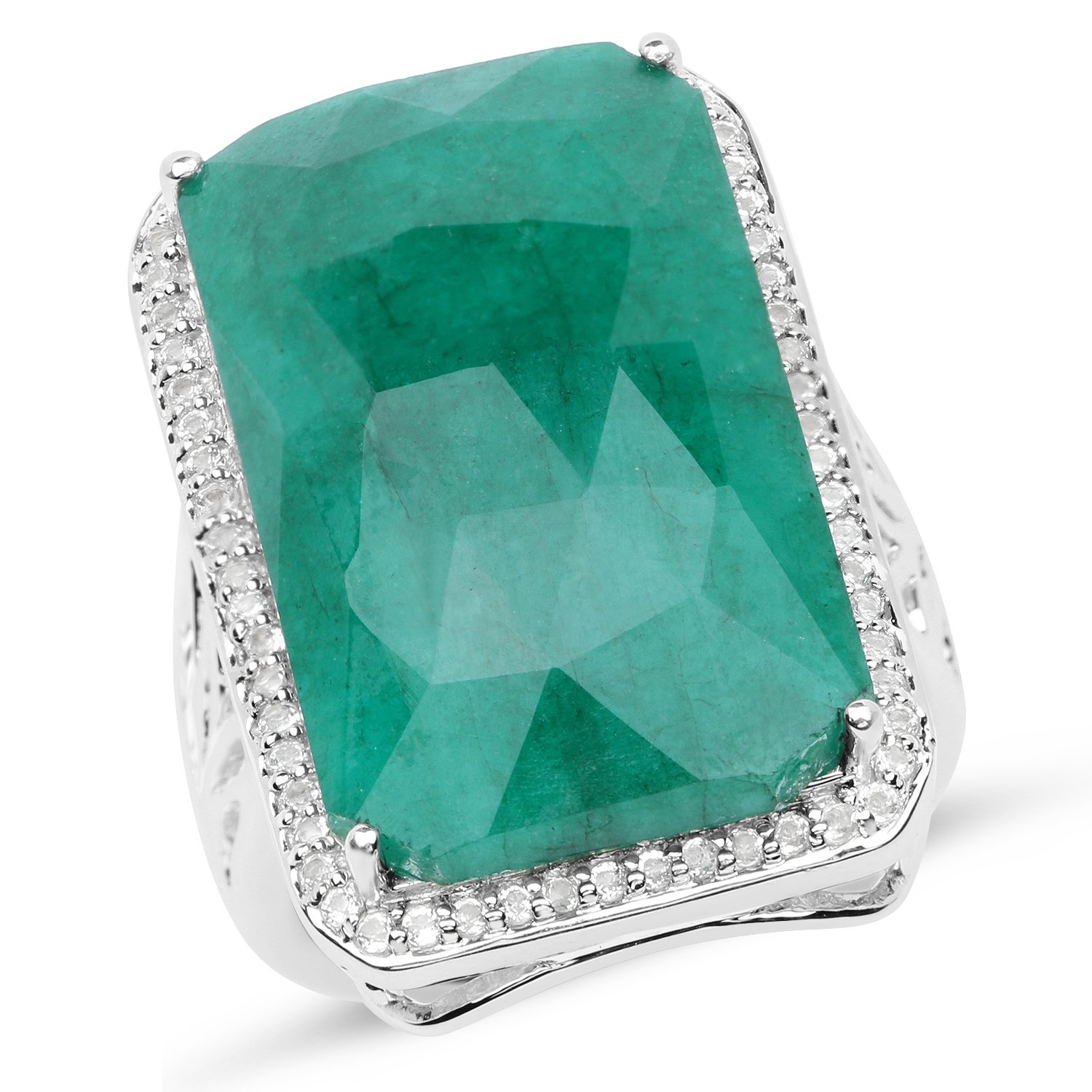 21.50 Carat Dyed Emerald and White Topaz .925 Sterling Silver Ring