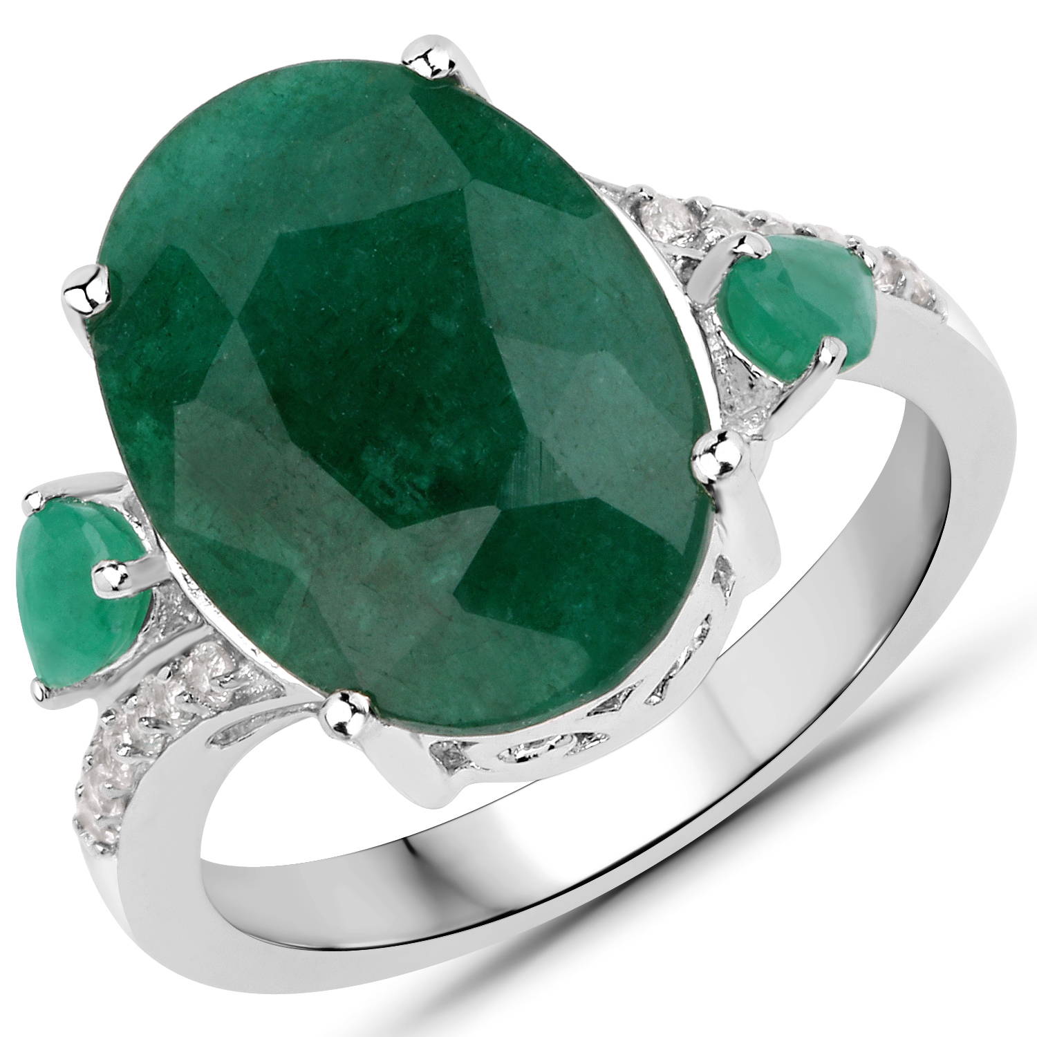 6.55 Carat Dyed Emerald, Emerald and White Topaz .925 Sterling Silver Ring