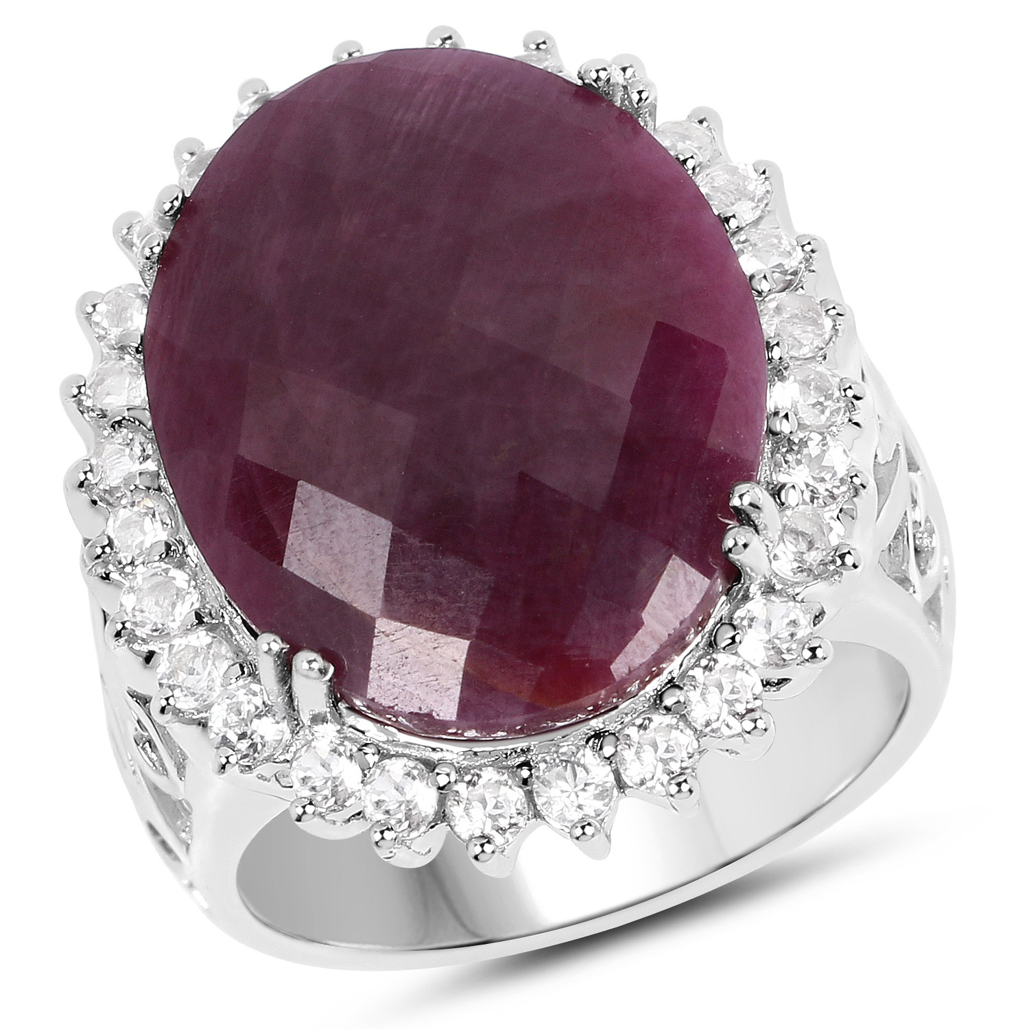 19.12 Carat Genuine Ruby and White Topaz .925 Sterling Silver Ring