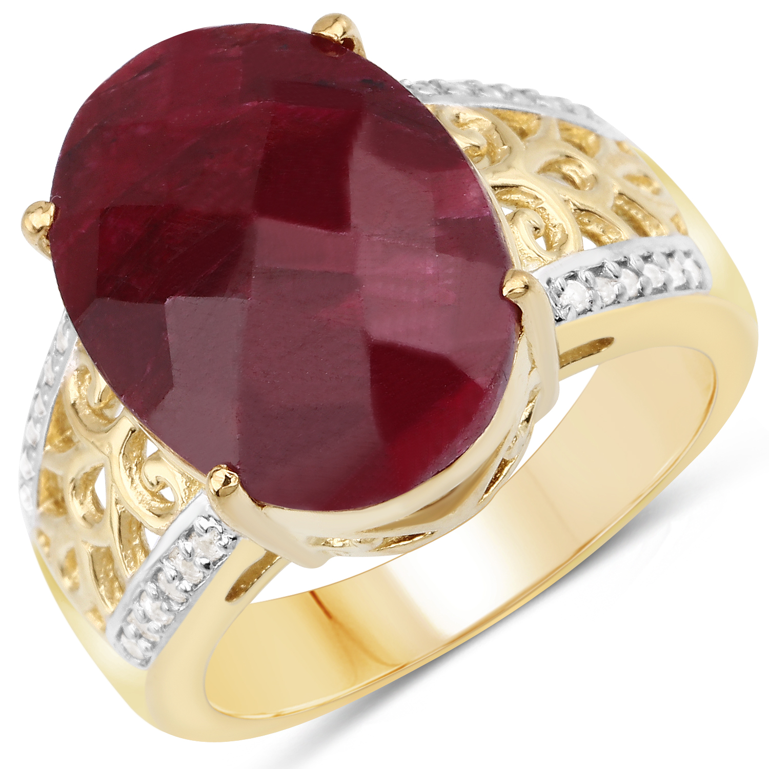 14K Yellow Gold Plated 10.42 Carat Dyed Ruby and White Topaz .925 Sterling Silver Ring