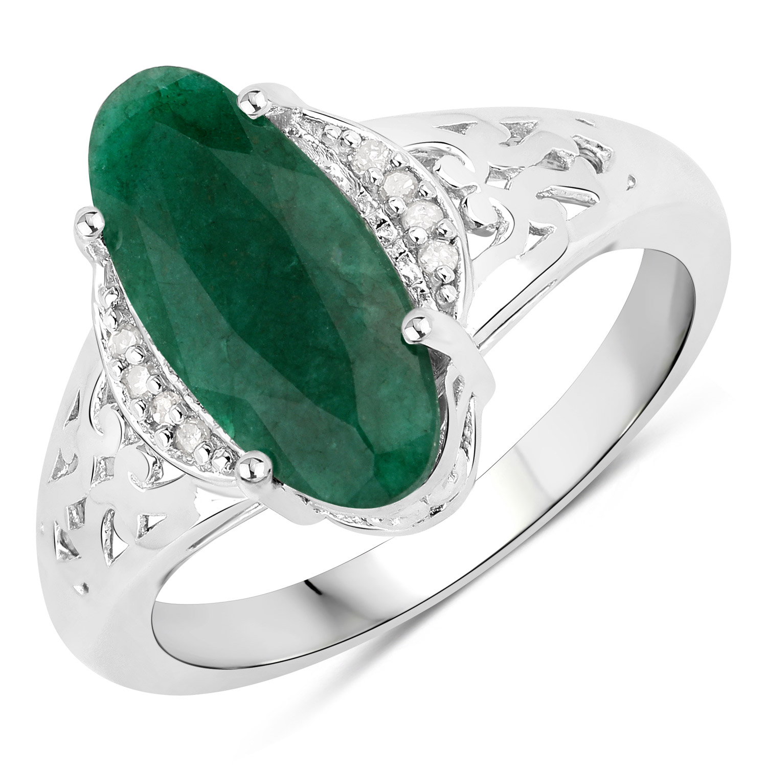 2.44 Carat Genuine Emerald and White Diamond .925 Sterling Silver Ring