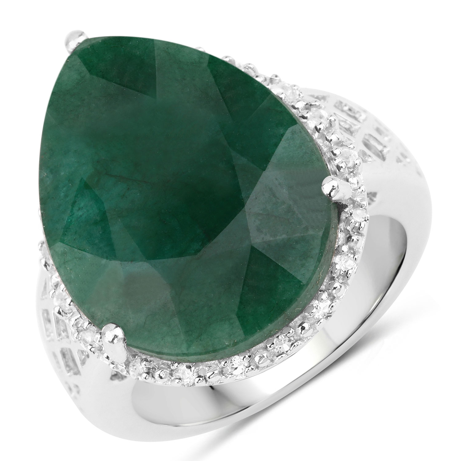 13.05 Carat Dyed Emerald and White Topaz .925 Sterling Silver Ring