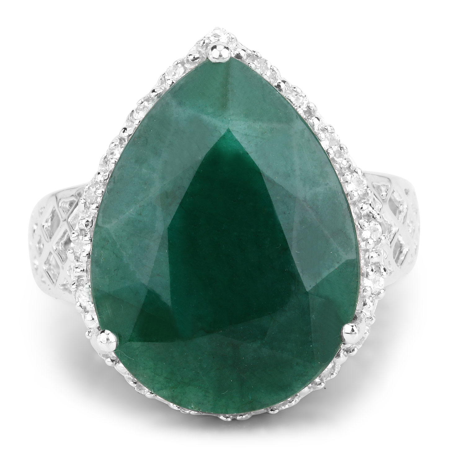 13.05 Carat Dyed Emerald and White Topaz .925 Sterling Silver Ring