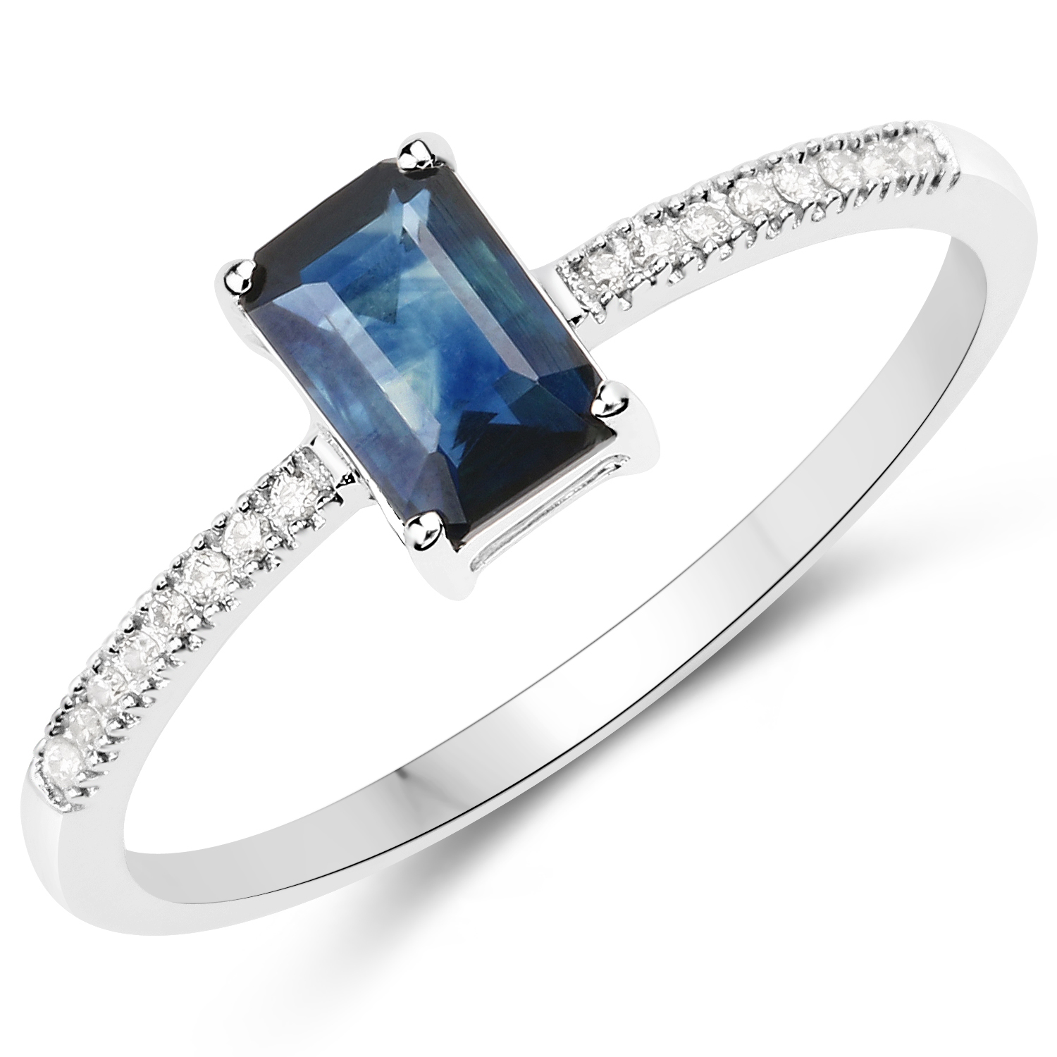 0.63 Carat Genuine Blue Sapphire and White Diamond 18K White Gold Ring