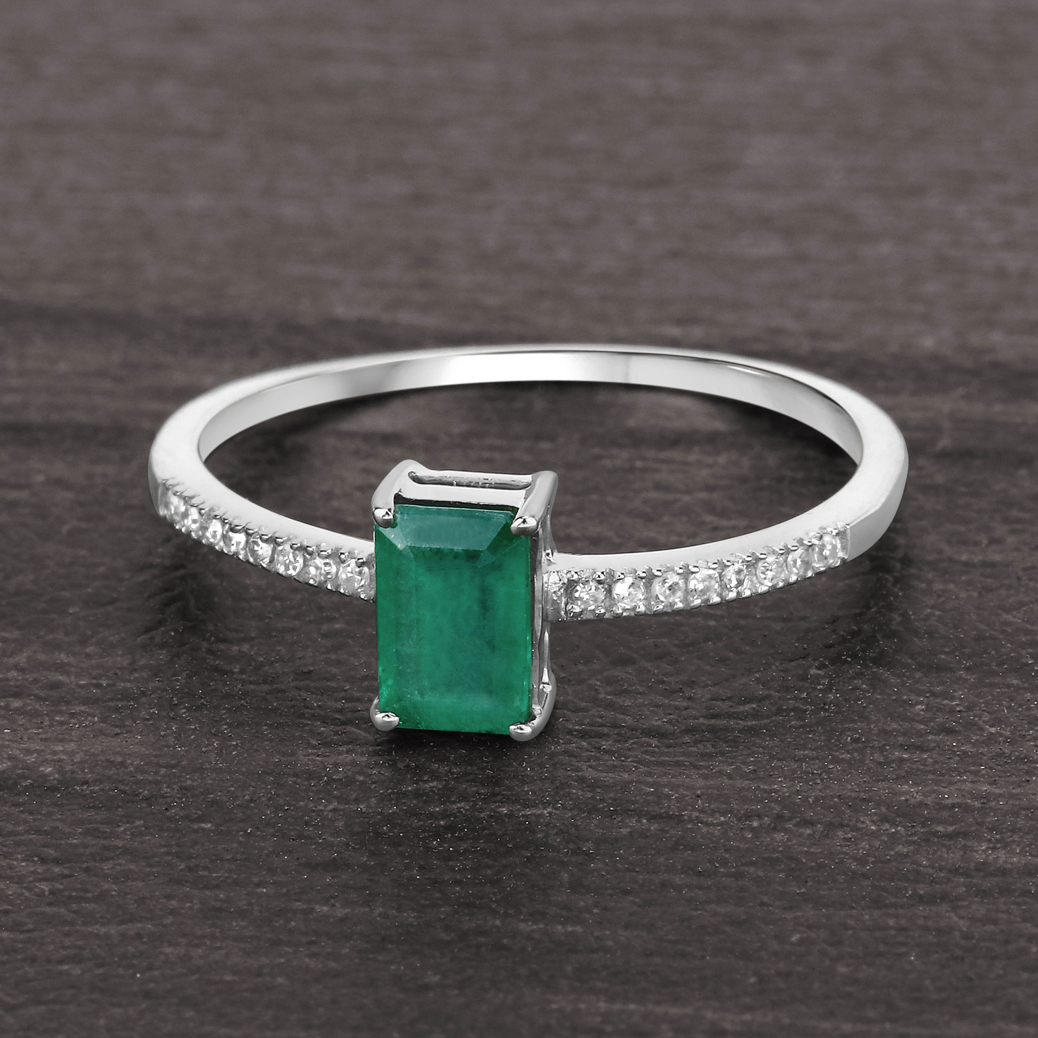 0.59 Carat Genuine Zambian Emerald and White Diamond 14K White Gold Ring