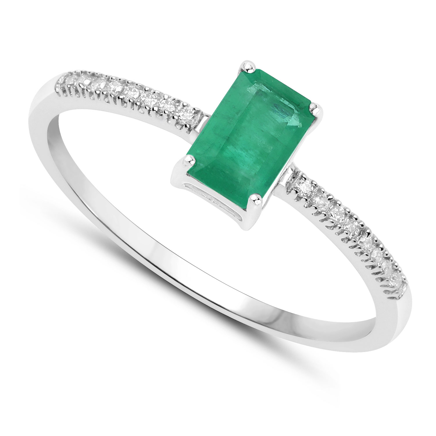 0.59 Carat Genuine Zambian Emerald and White Diamond 14K White Gold Ring