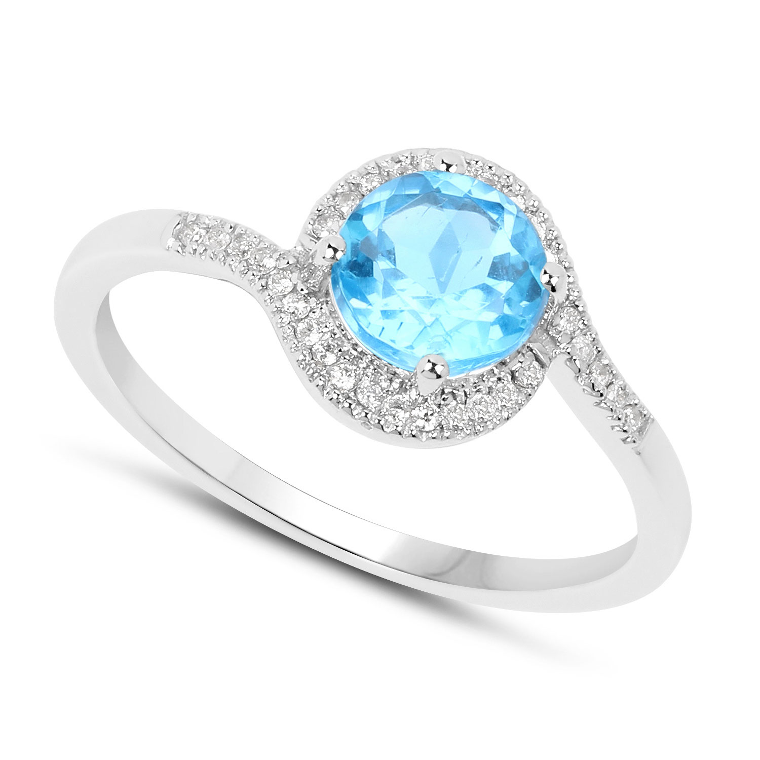 1.09 Carat Genuine Swiss Blue Topaz and White Diamond 14K White Gold Ring