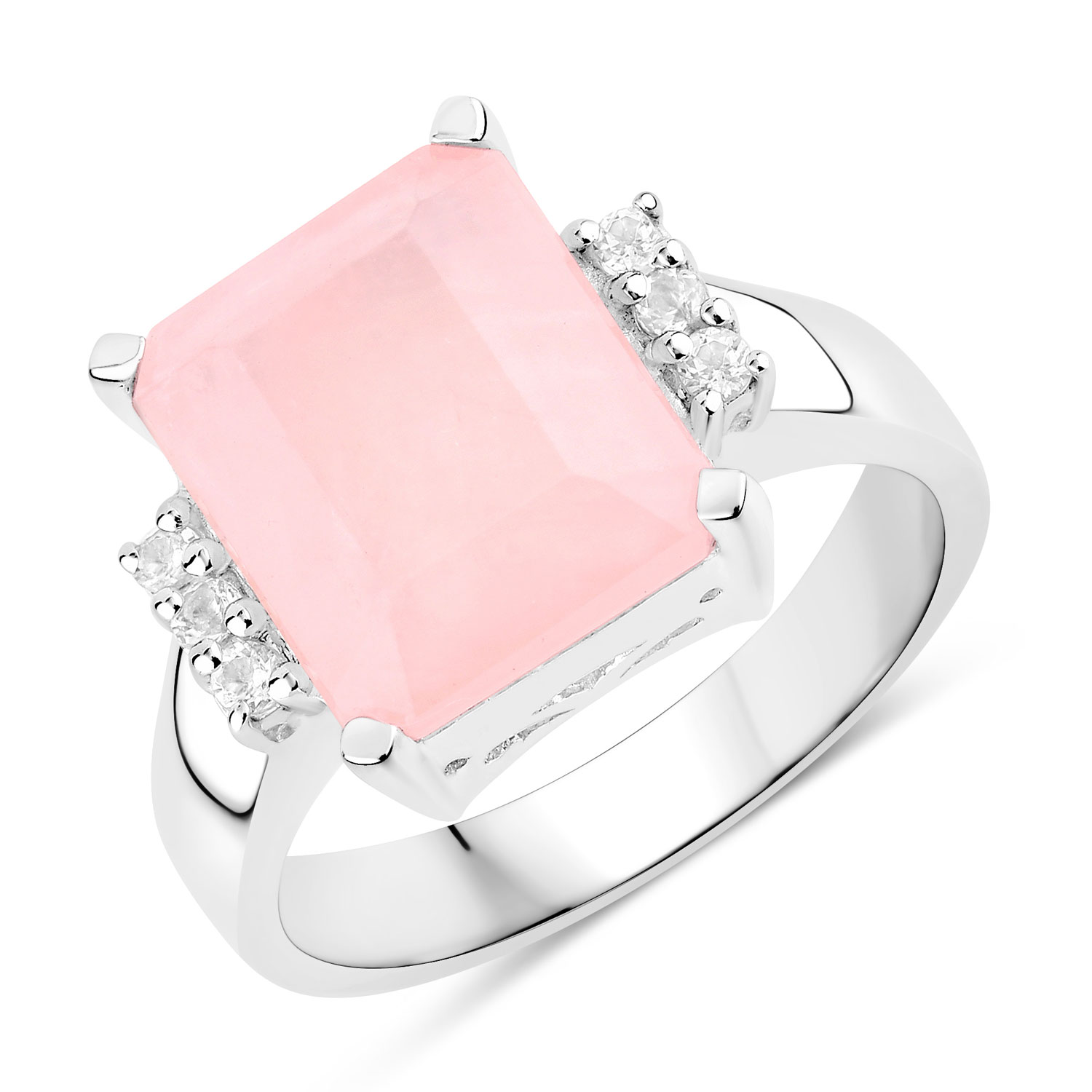 5.72 Carat Genuine Rose Quartz and White Topaz .925 Sterling Silver Ring