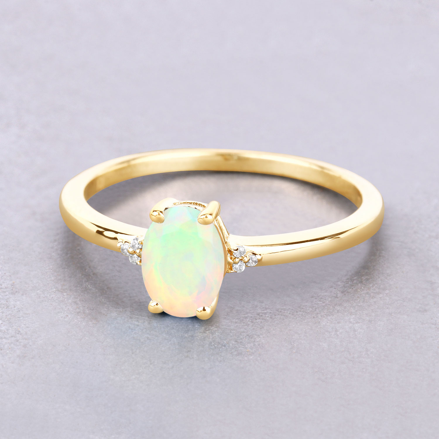 0.39 Carat Genuine Ethiopian Opal and White Diamond 10K Yellow Gold Ring