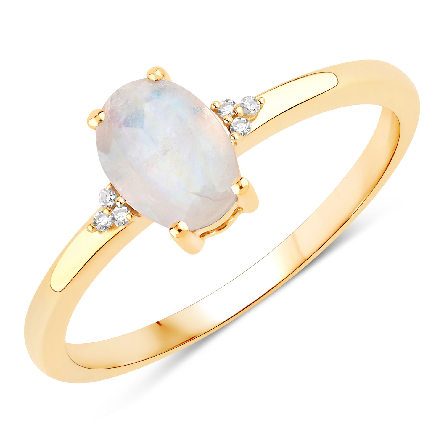 0.72 Carat Genuine White Rainbow Moonstone and White Diamond 10K Yellow Gold Ring