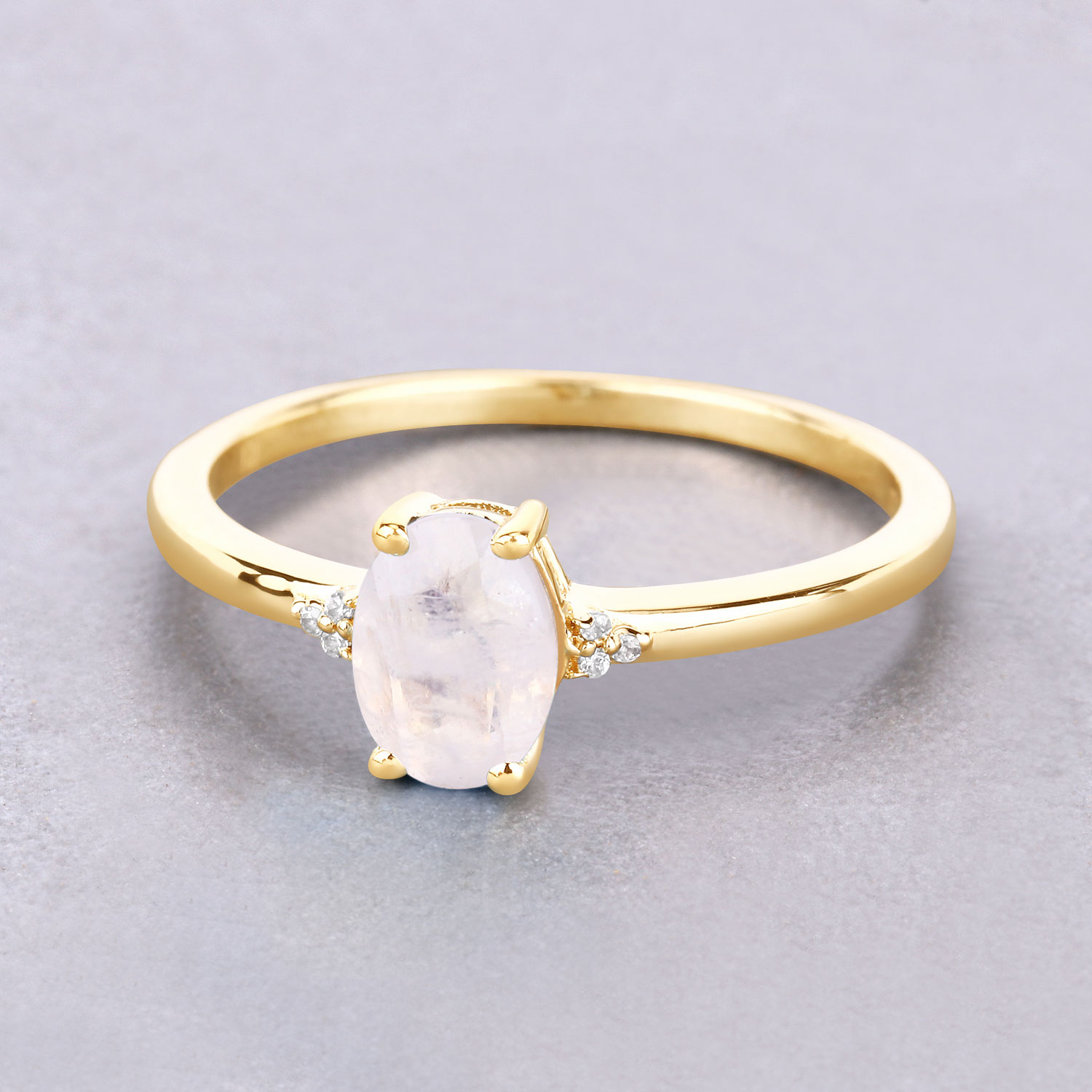 0.72 Carat Genuine White Rainbow Moonstone and White Diamond 10K Yellow Gold Ring
