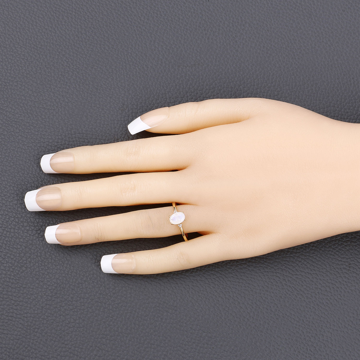 0.72 Carat Genuine White Rainbow Moonstone and White Diamond 10K Yellow Gold Ring