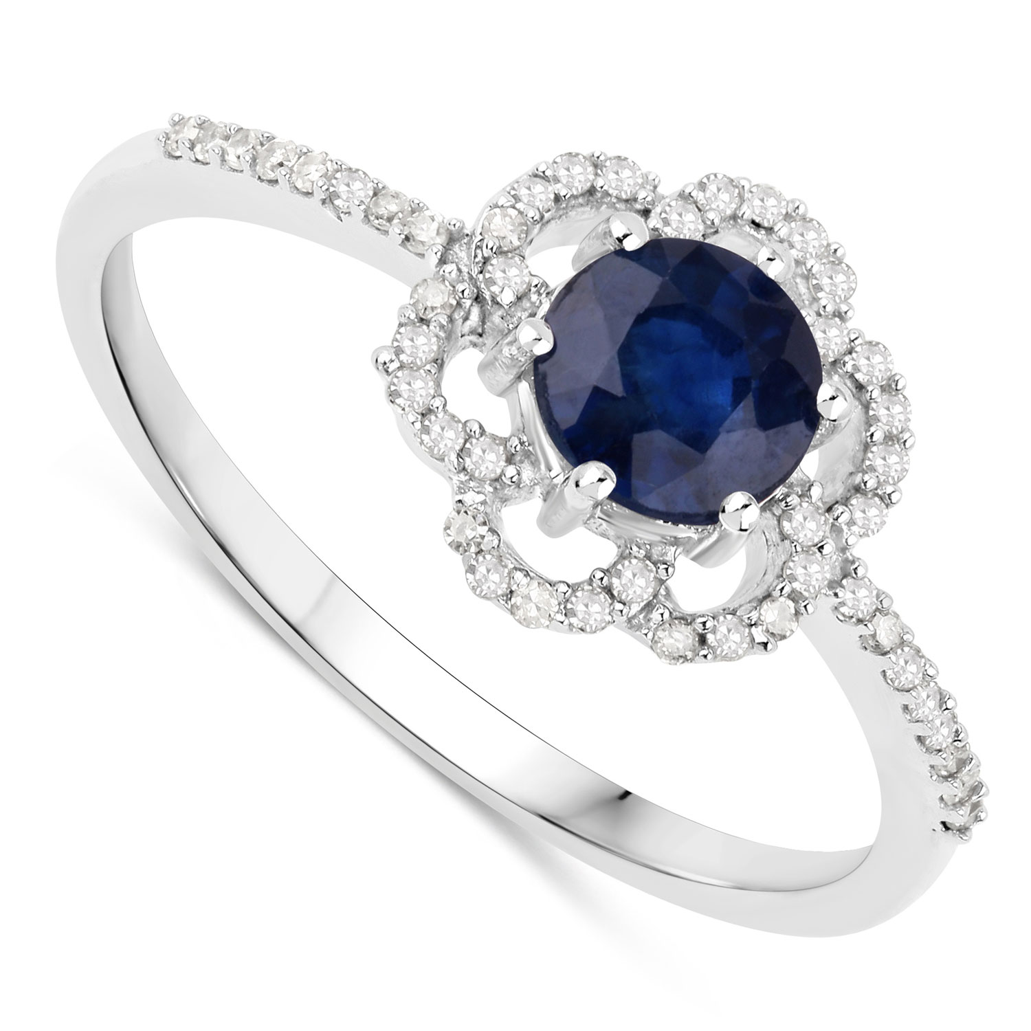 0.78 Carat Genuine Blue Sapphire and White Diamond 14K White Gold Ring