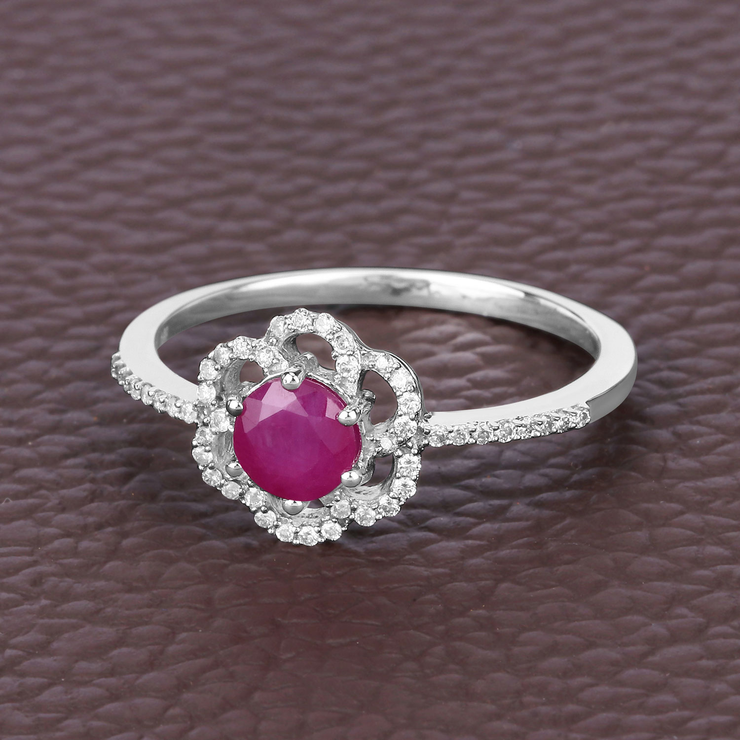 0.68 Carat Genuine Ruby and White Diamond 14K White Gold Ring