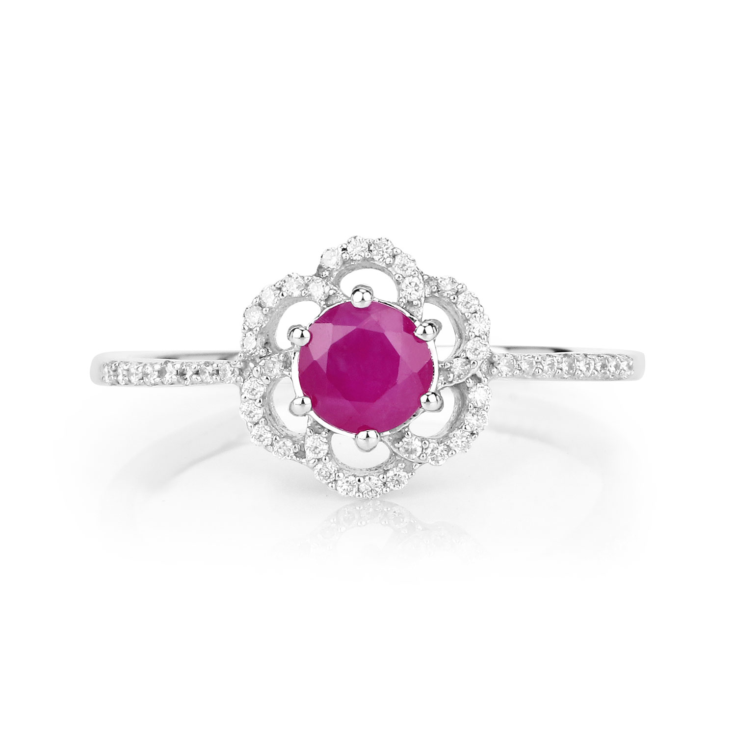 0.68 Carat Genuine Ruby and White Diamond 14K White Gold Ring