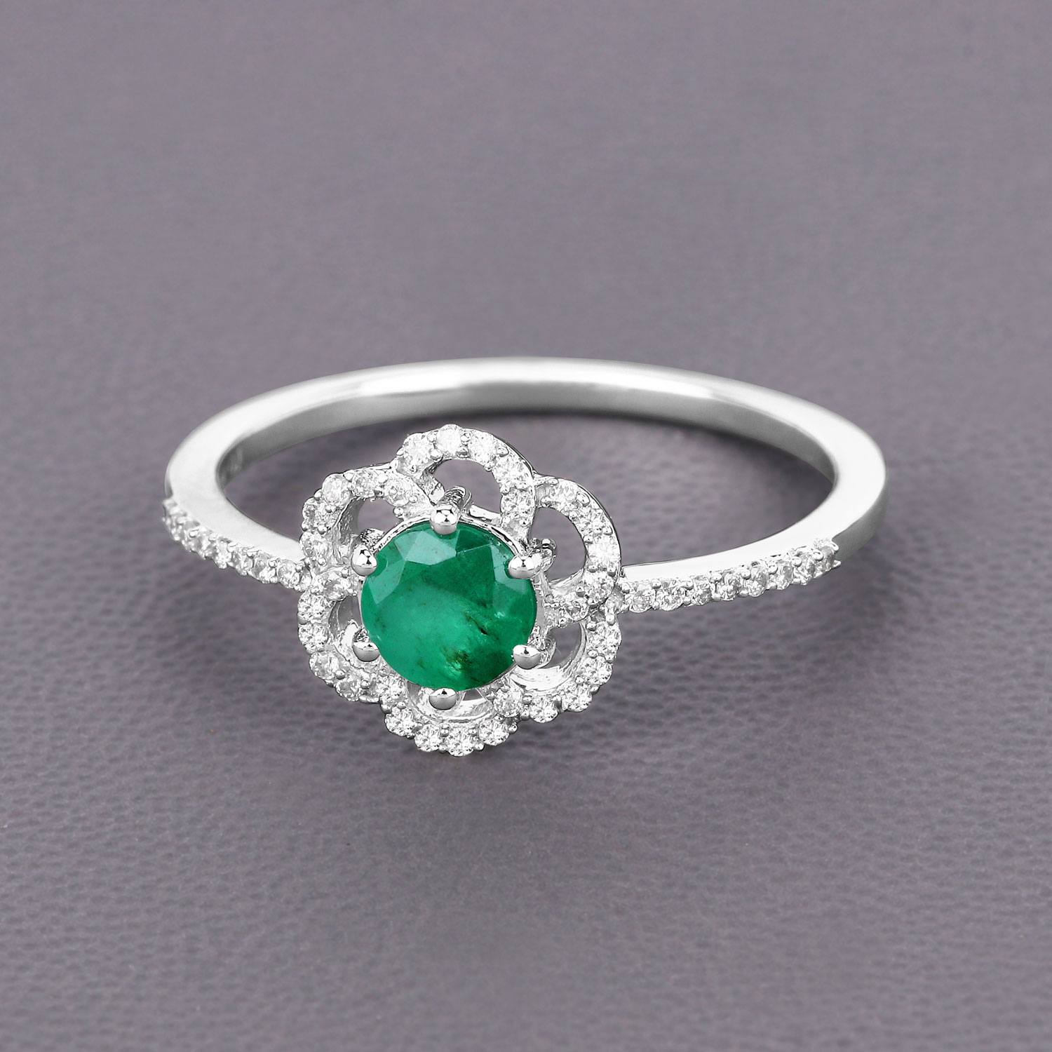 0.55 Carat Genuine Zambian Emerald and White Diamond 14K White Gold Ring